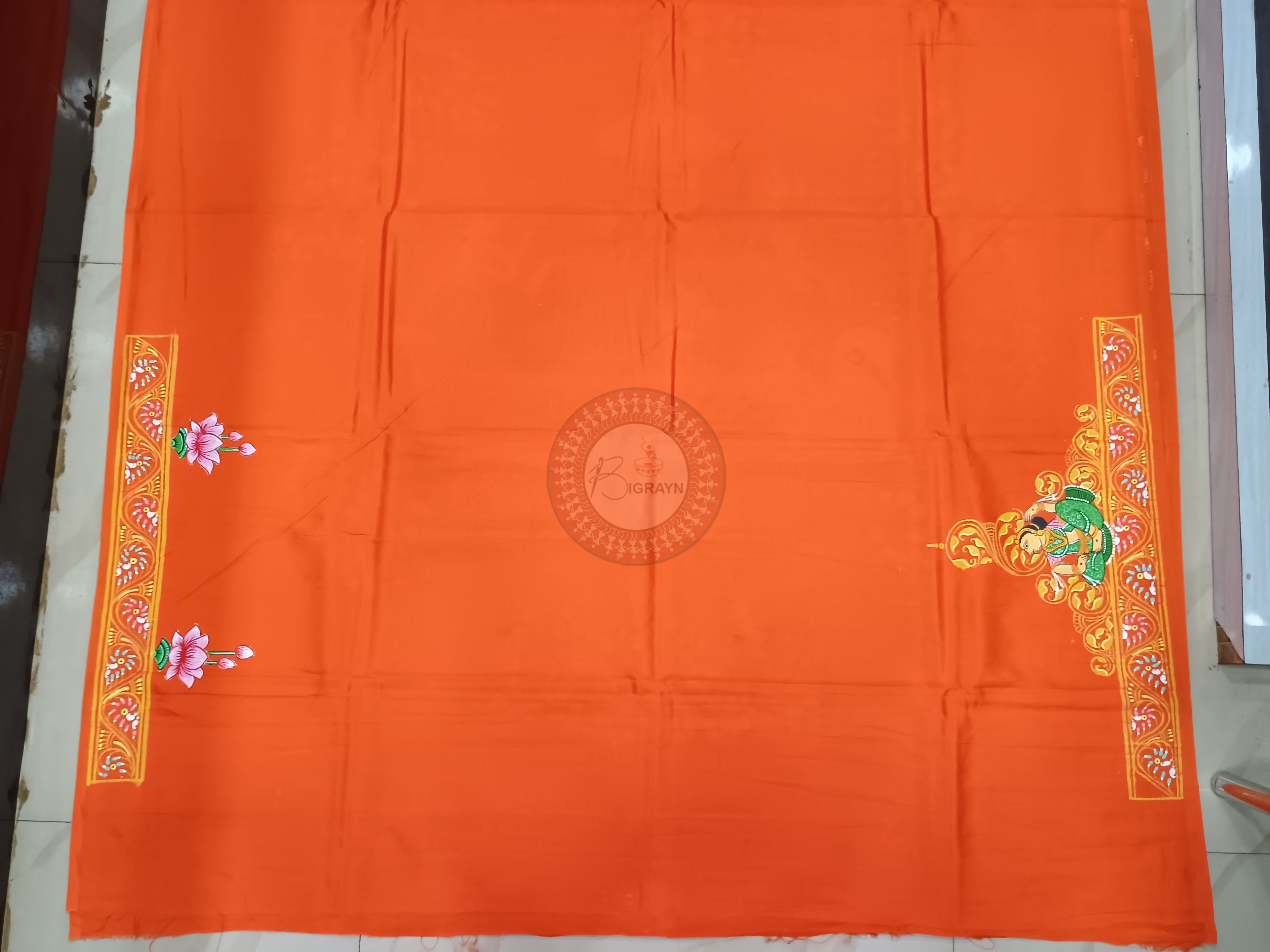 Orange Nabakeli Boita Theme Pattachitra Khadi Silk Saree