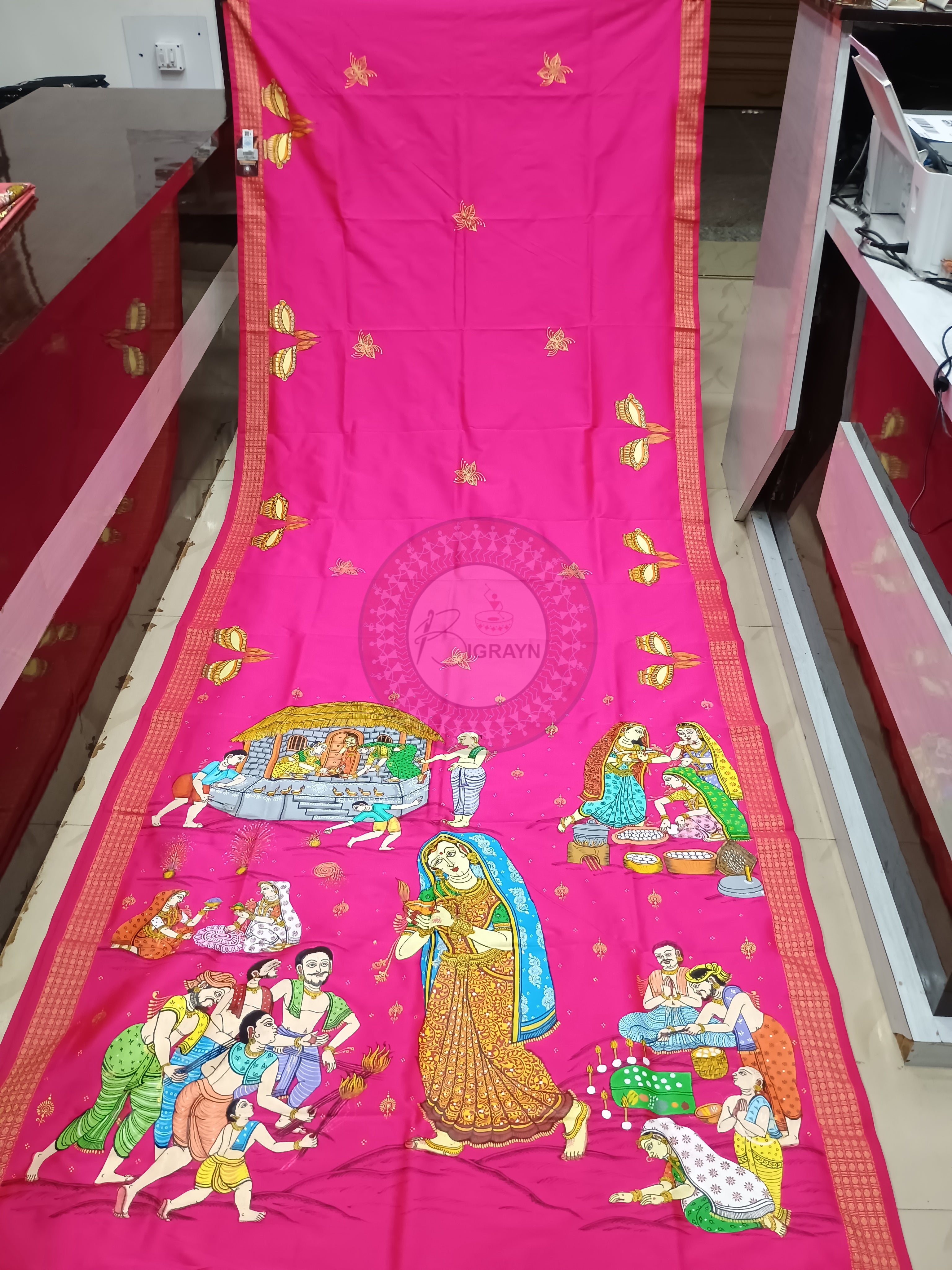 Pink Diwali Theme Pattachitra Cotton Blended Silk Saree