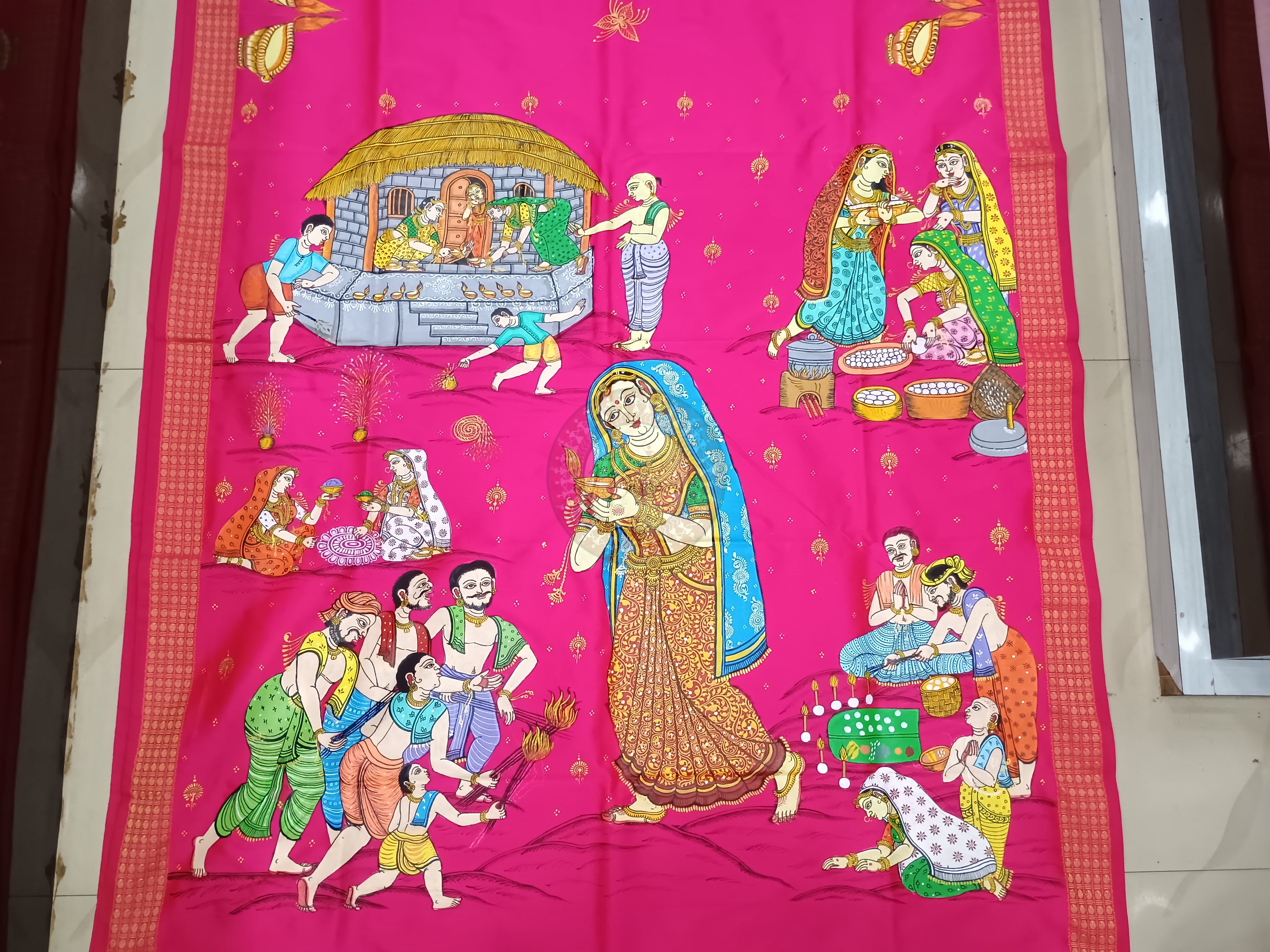 Pink Diwali Theme Pattachitra Cotton Blended Silk Saree