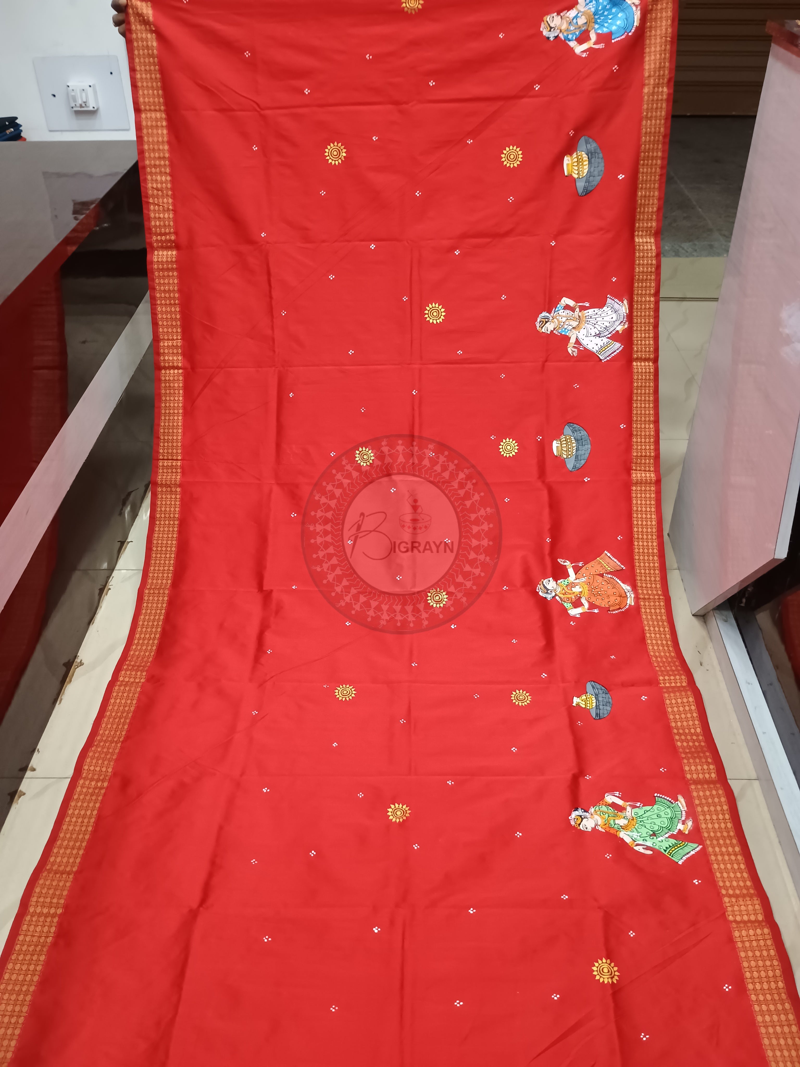 Red Kanchi Abhijan Pattachitra Cotton Blended Silk Saree