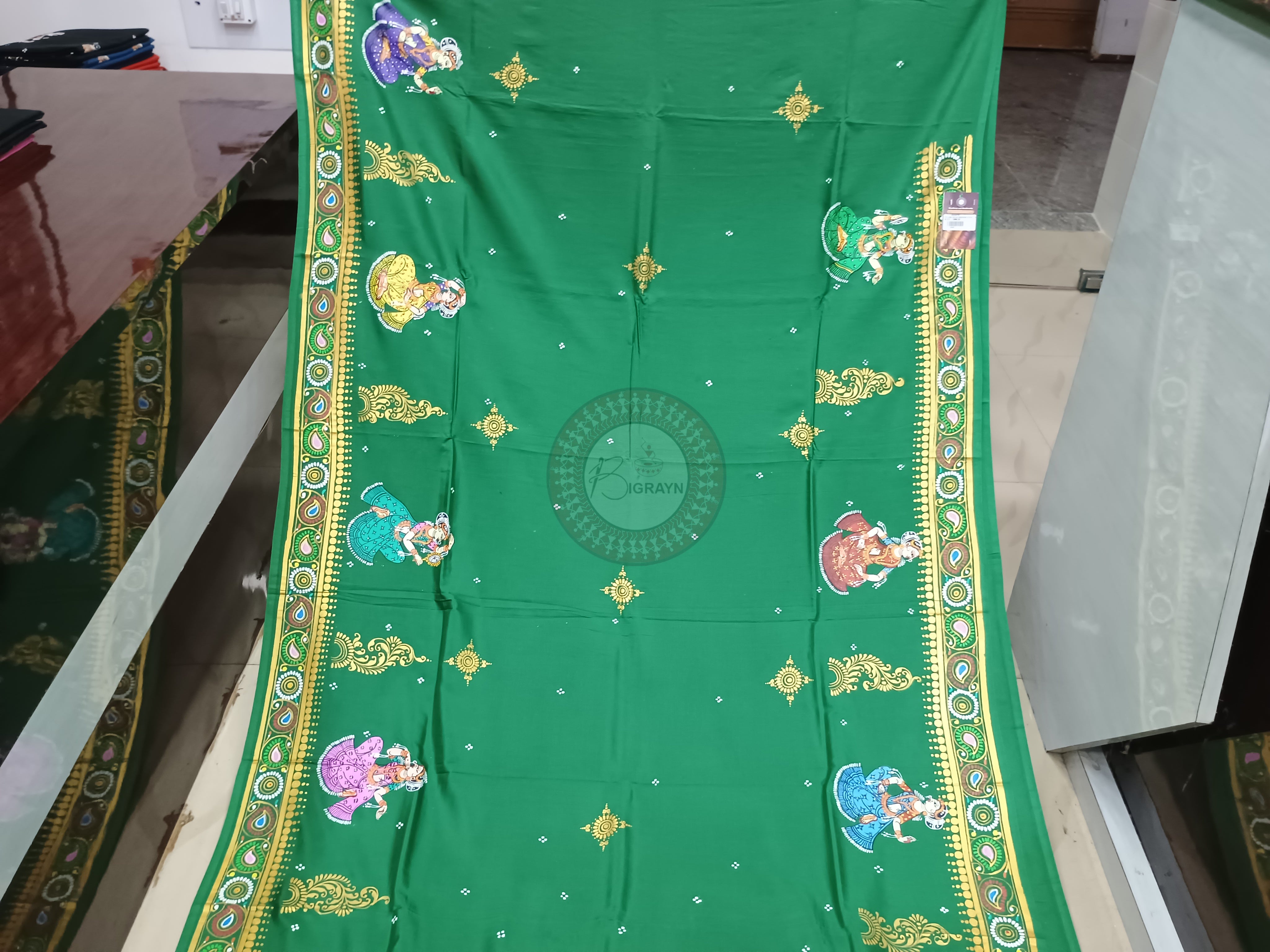 Green Solha Singhara Pattachitra Khadi Silk Saree