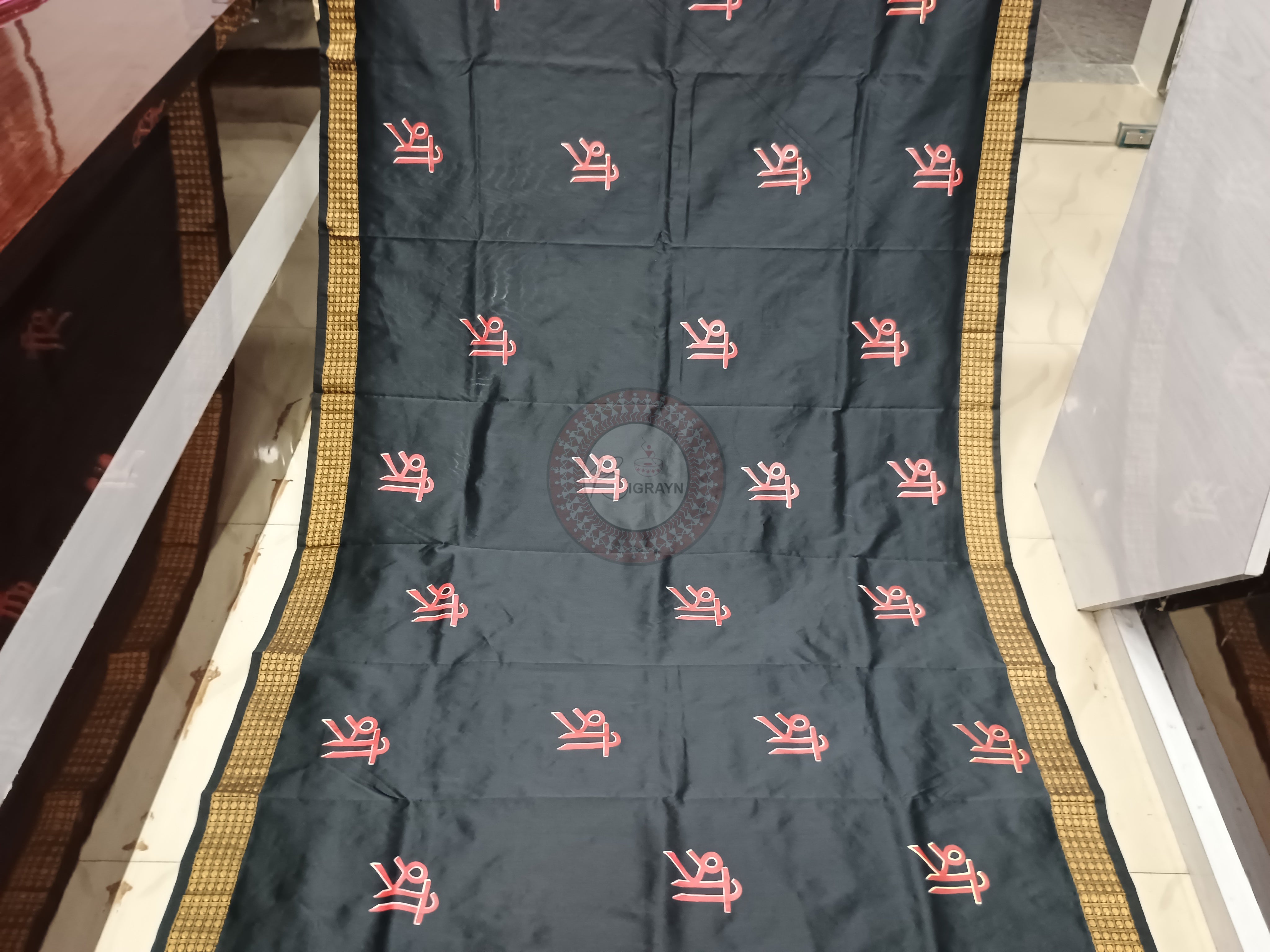 Black Ganesh Theme Pattachitra Cotton Blended Silk Saree