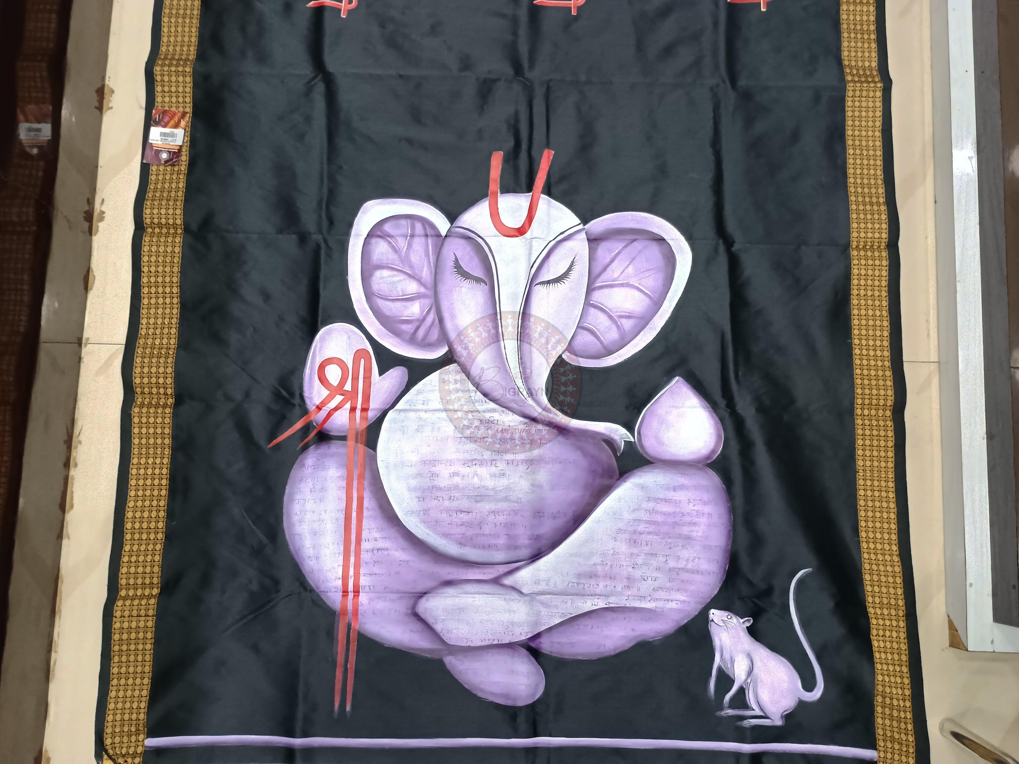 Black Ganesh Theme Pattachitra Cotton Blended Silk Saree