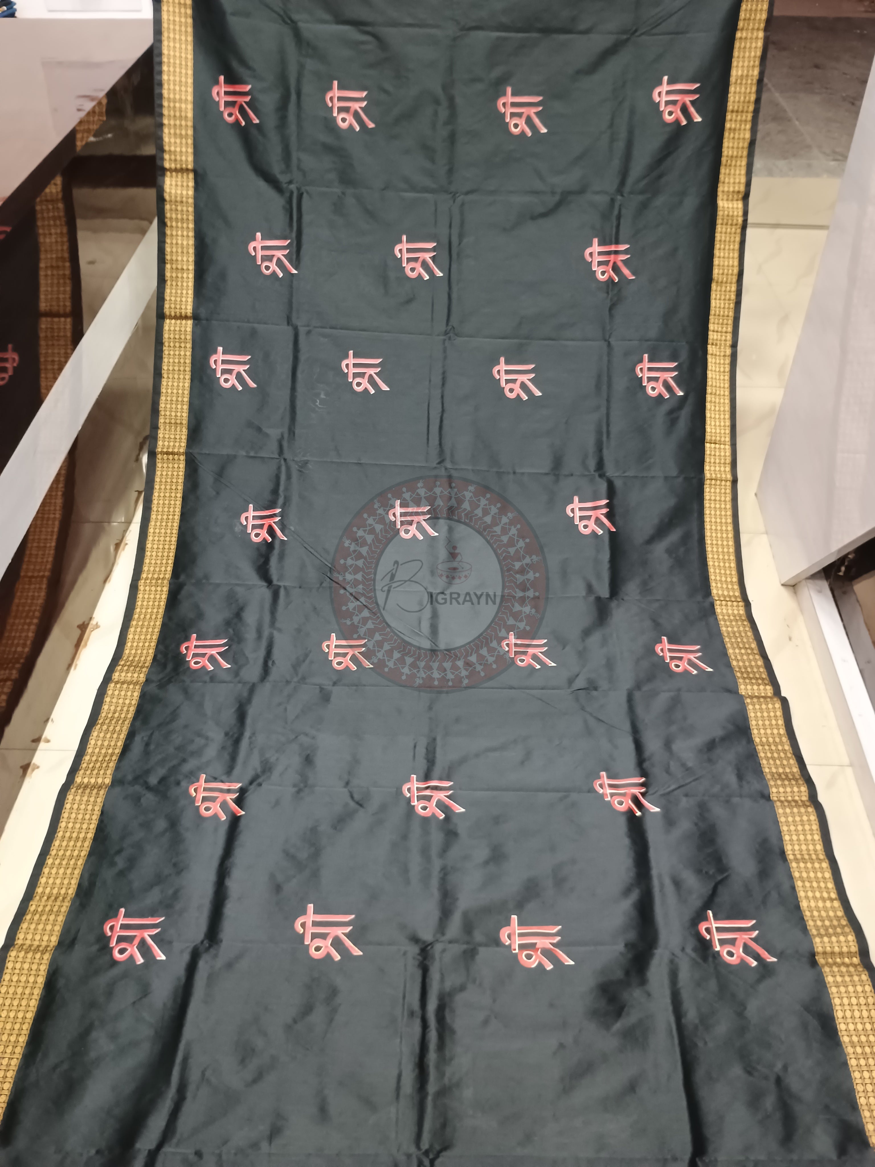 Black Ganesh Theme Pattachitra Cotton Blended Silk Saree