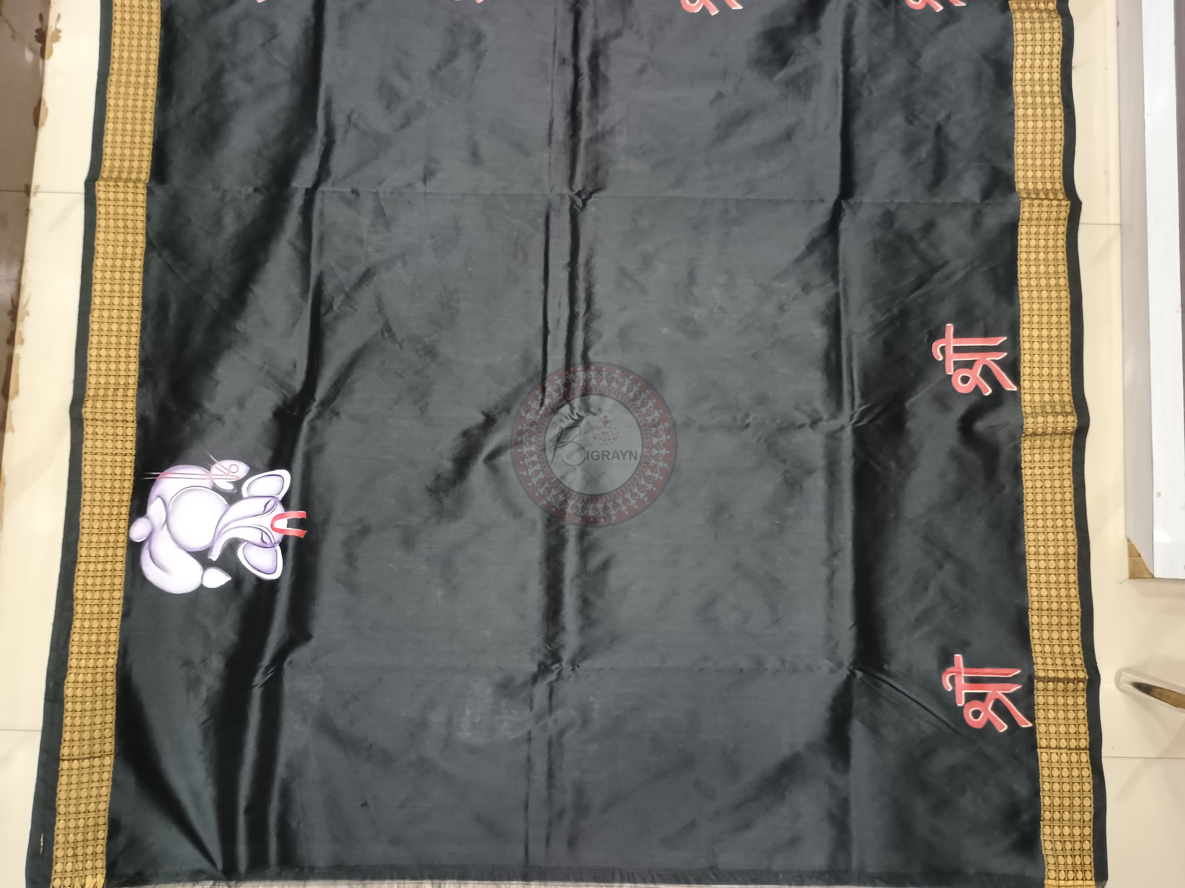 Black Ganesh Theme Pattachitra Cotton Blended Silk Saree