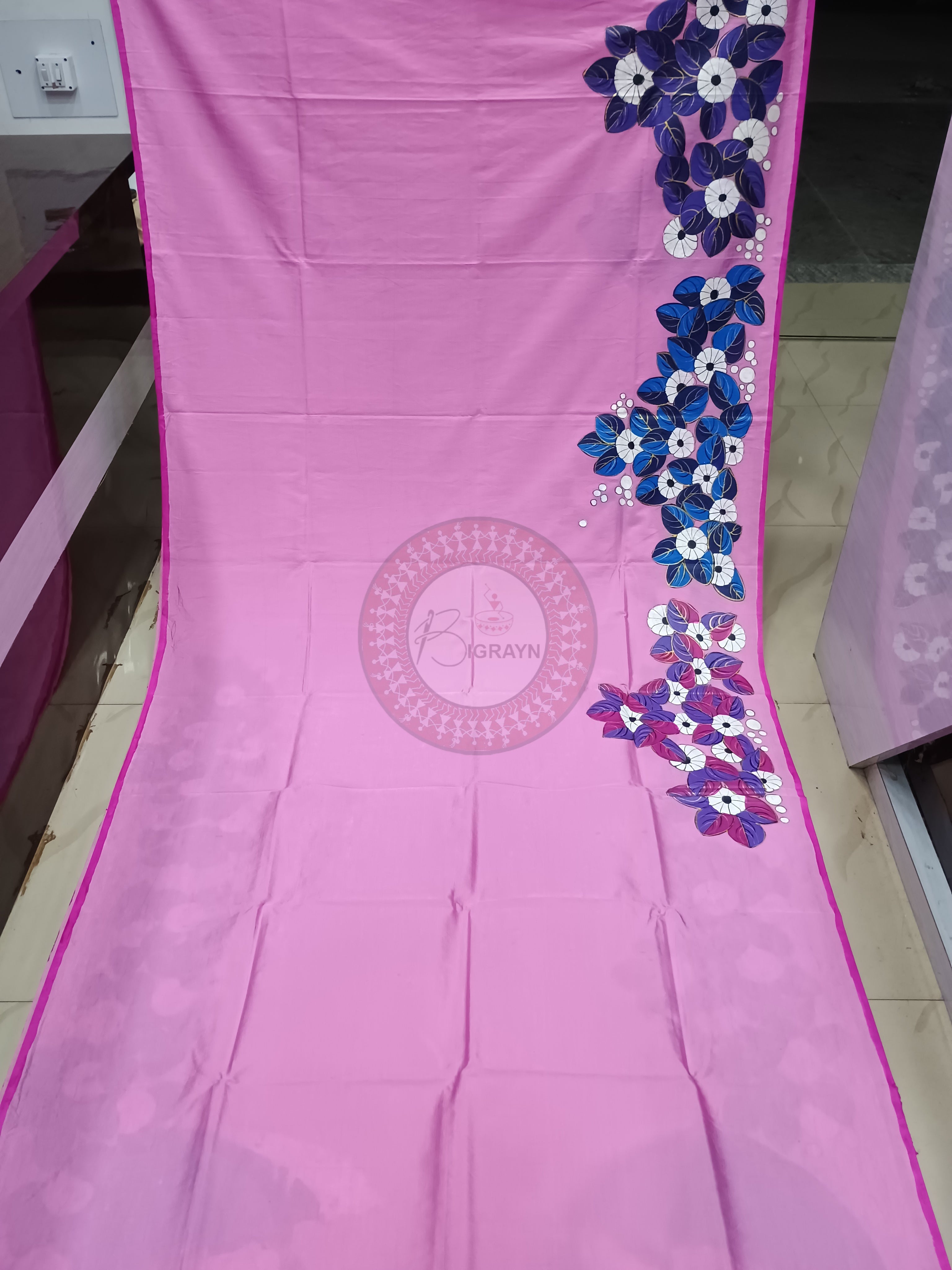 Pink Lady Umbrella Theme Pattachitra Khadi Silk Saree