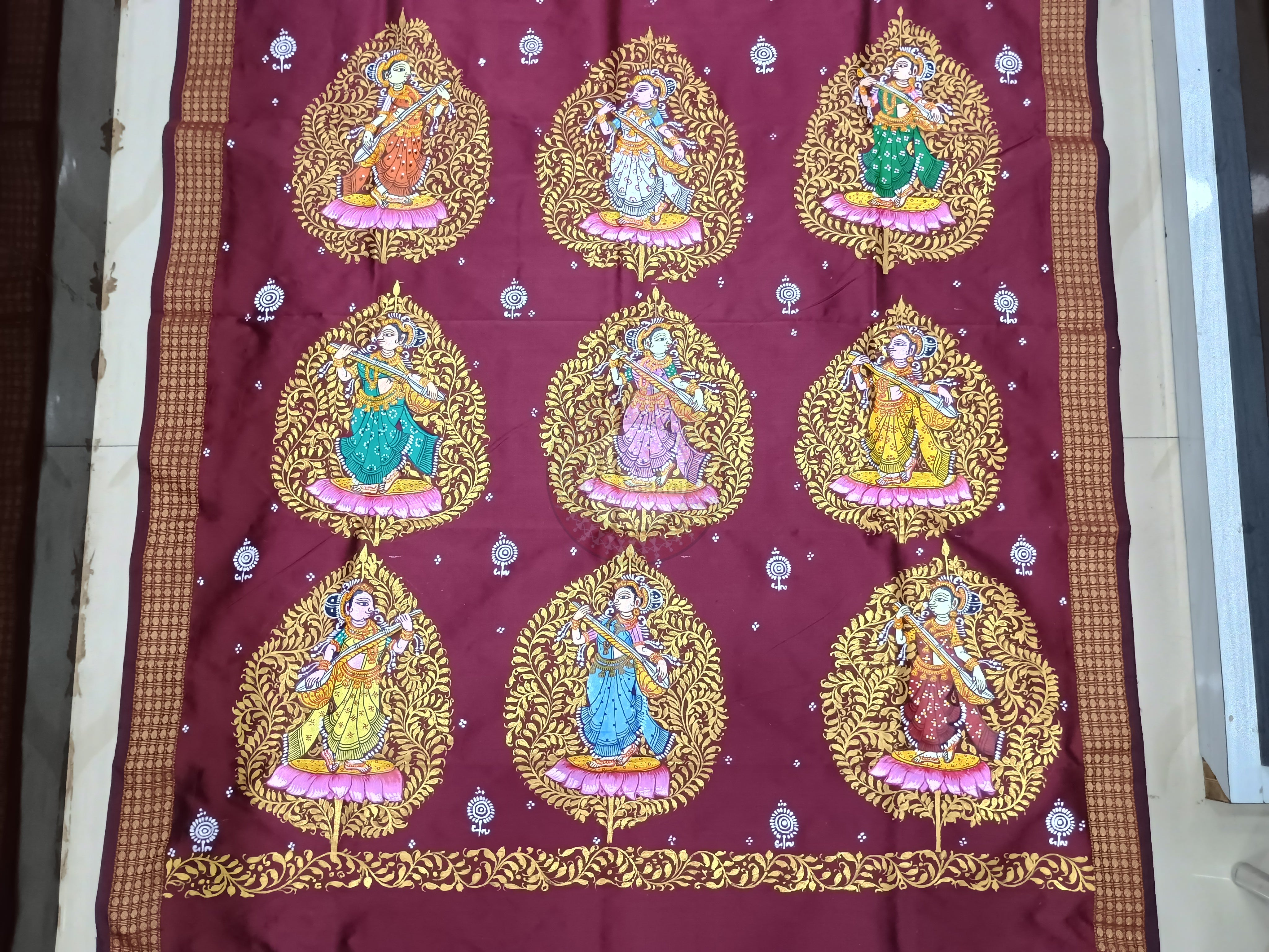 Maroon Saraswati Design Pattachitra Cotton Blended Silk Saree