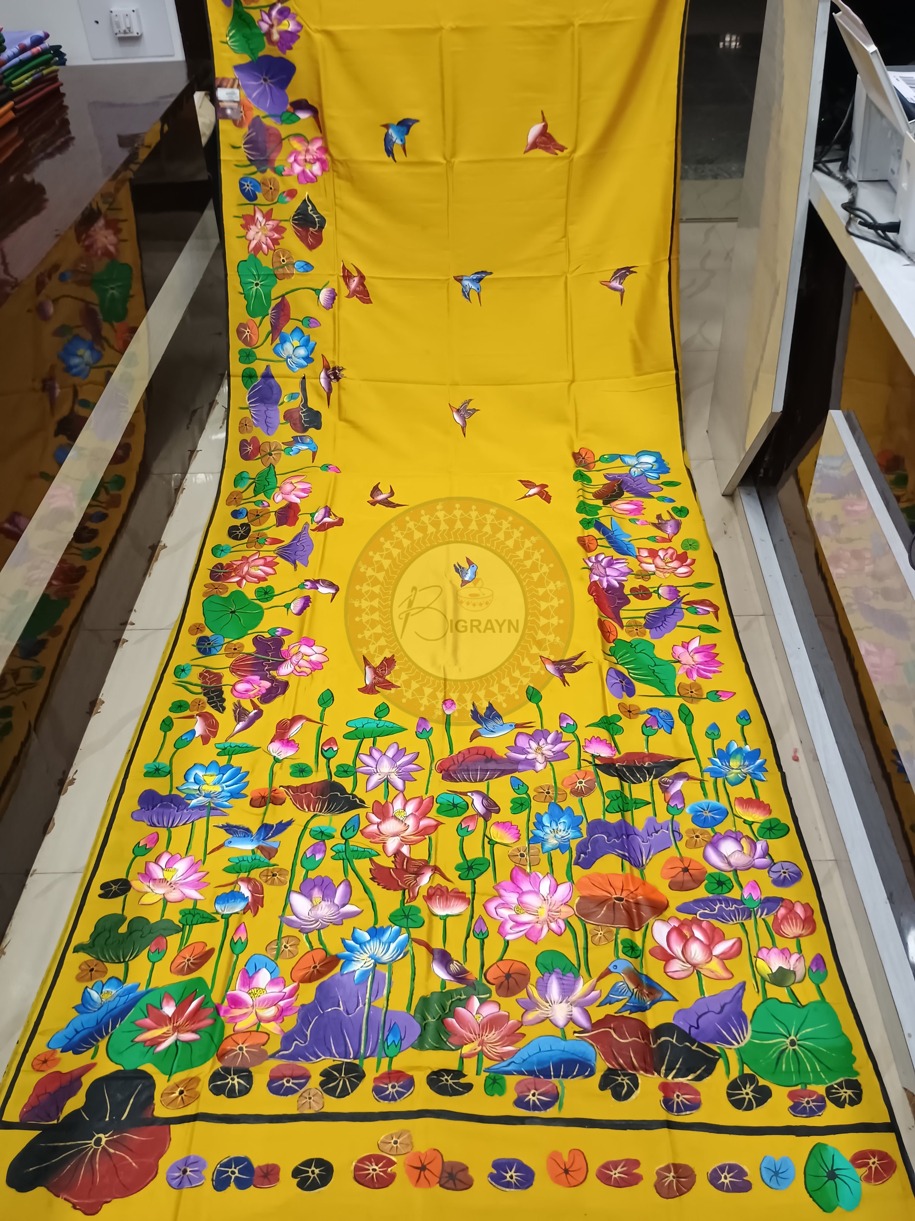 Yellow Water Lily Theme Pattachitra Khadi Silk Saree