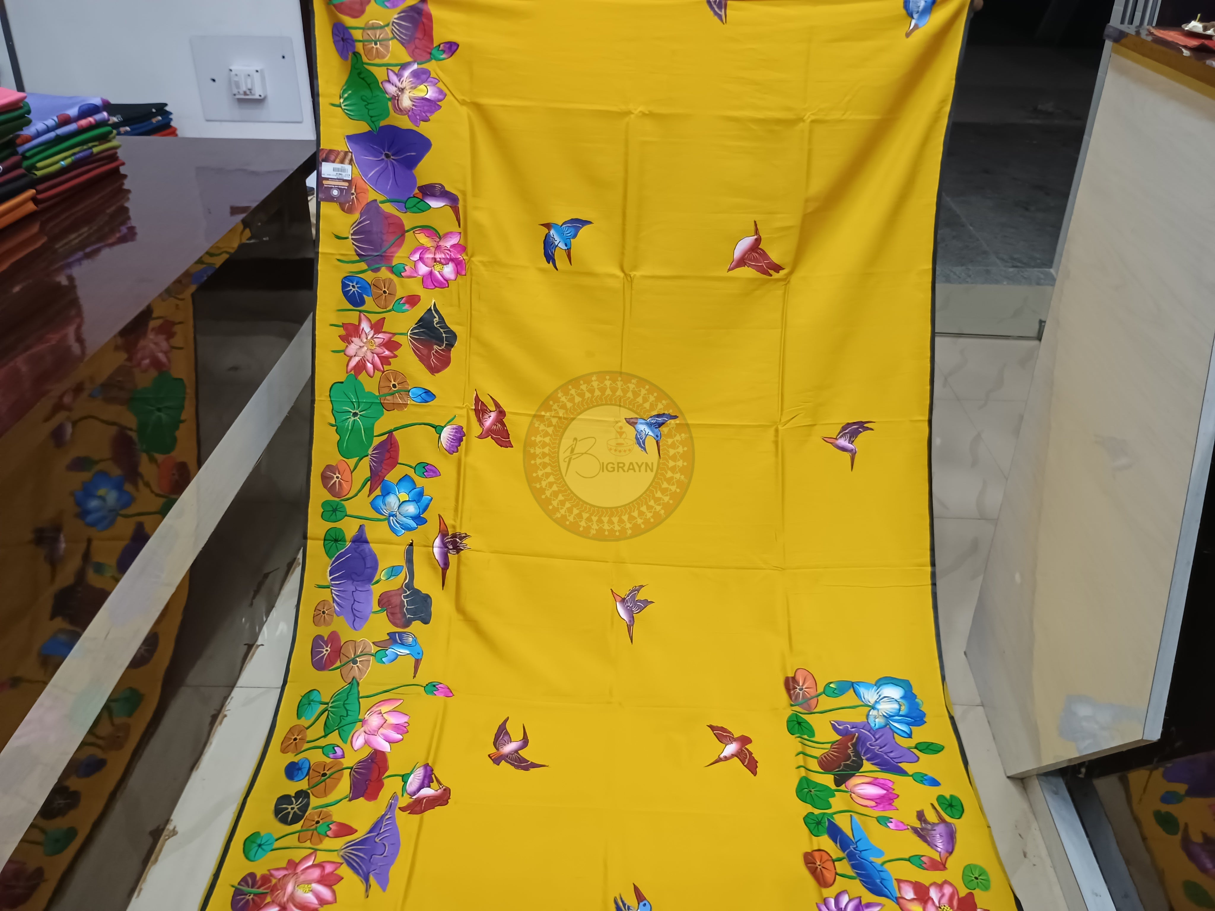 Yellow Water Lily Theme Pattachitra Khadi Silk Saree