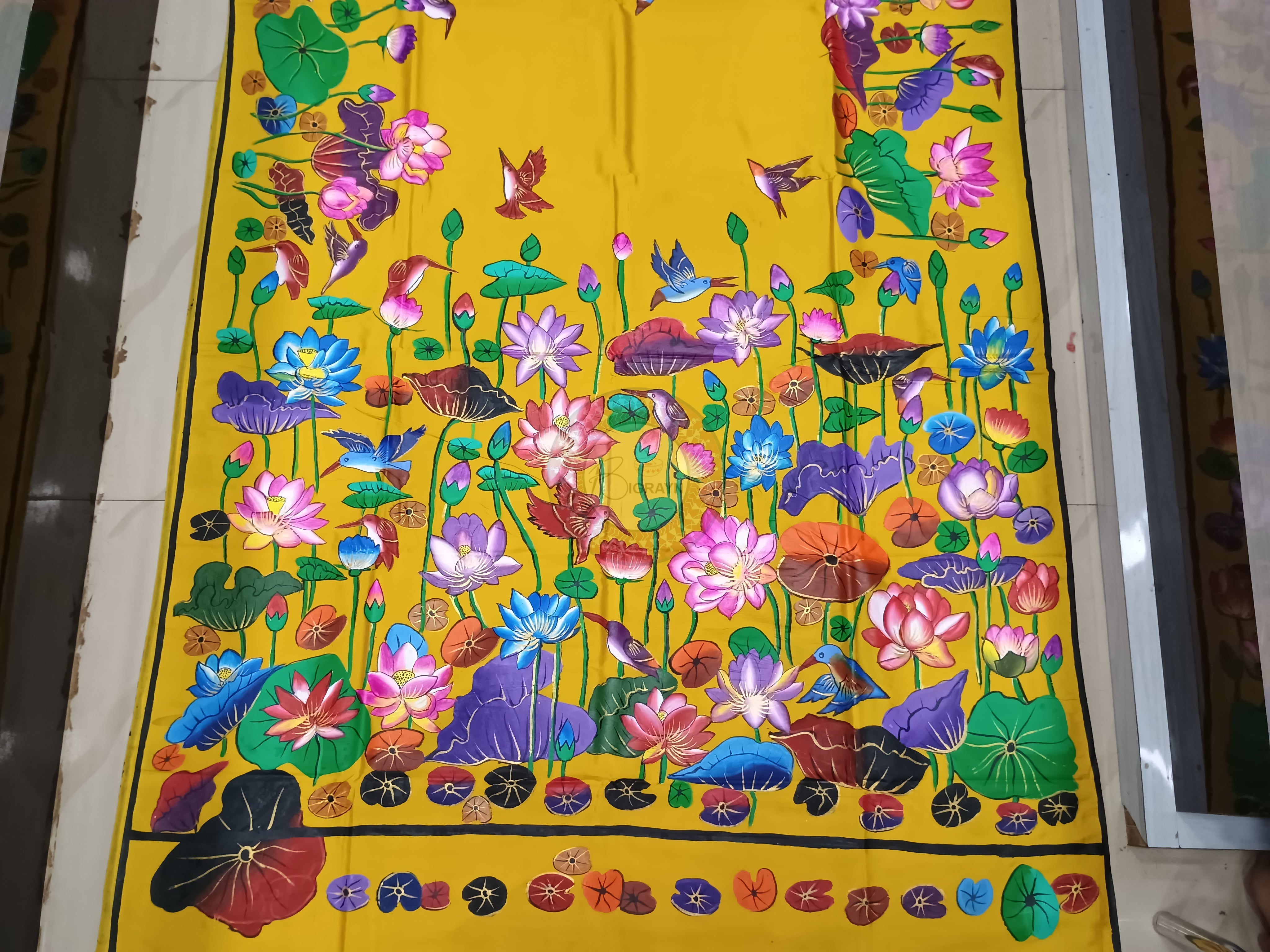Yellow Water Lily Theme Pattachitra Khadi Silk Saree