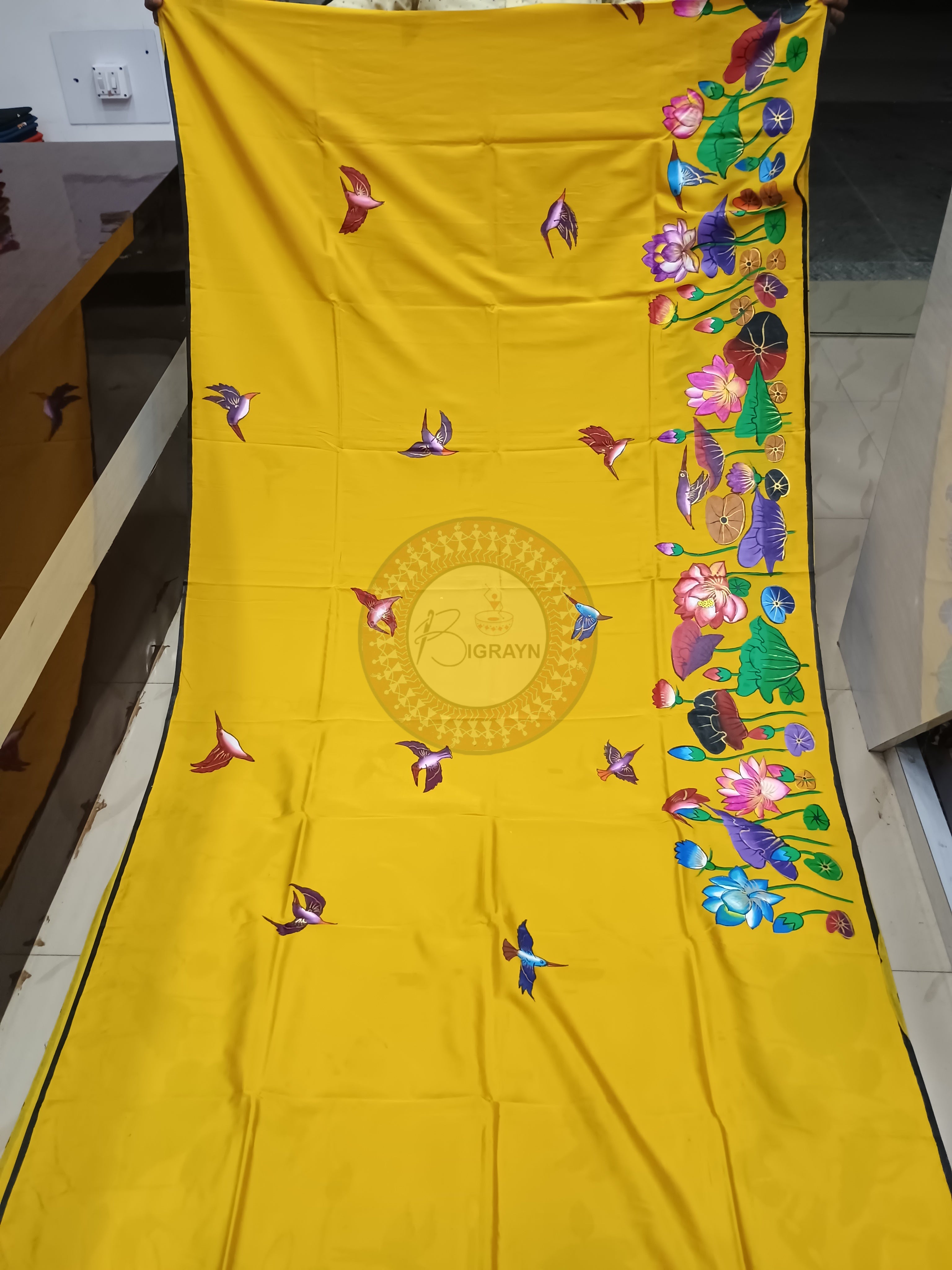 Yellow Water Lily Theme Pattachitra Khadi Silk Saree