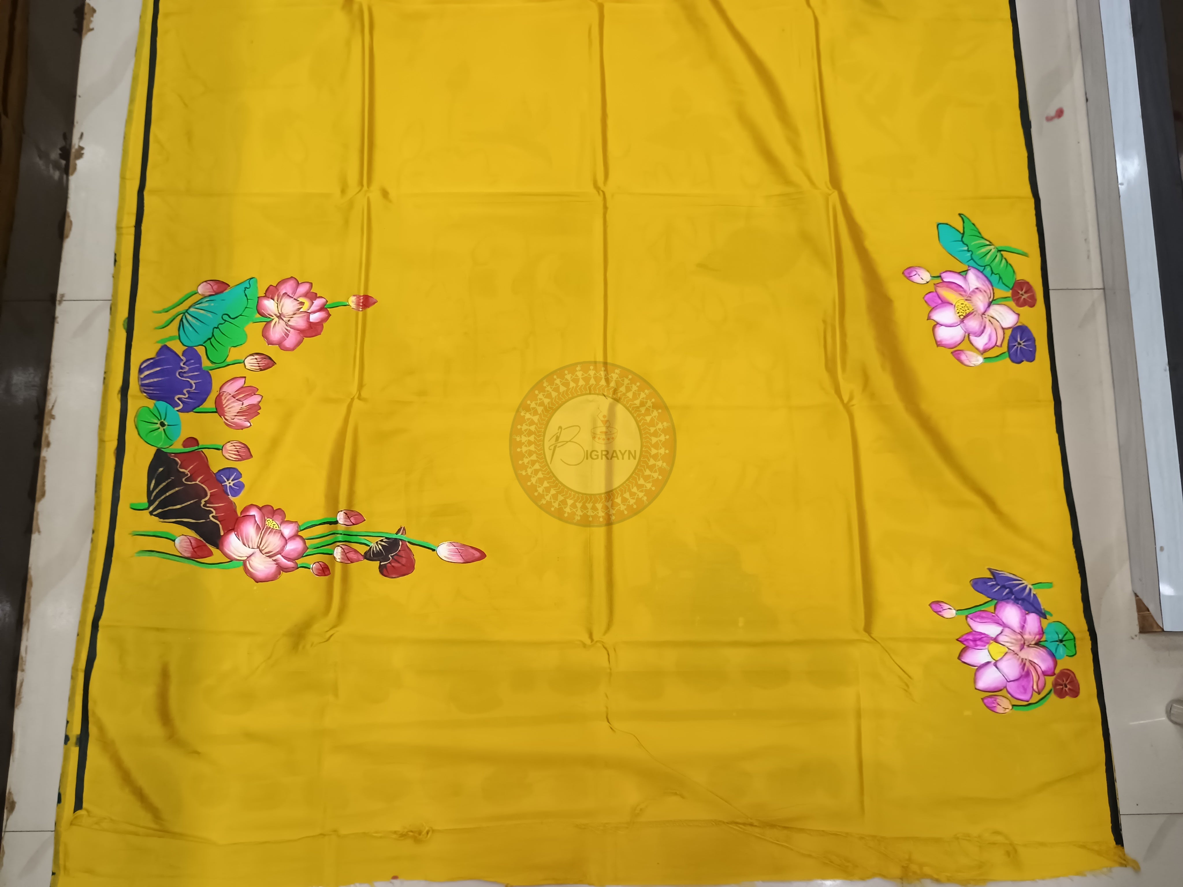 Yellow Water Lily Theme Pattachitra Khadi Silk Saree