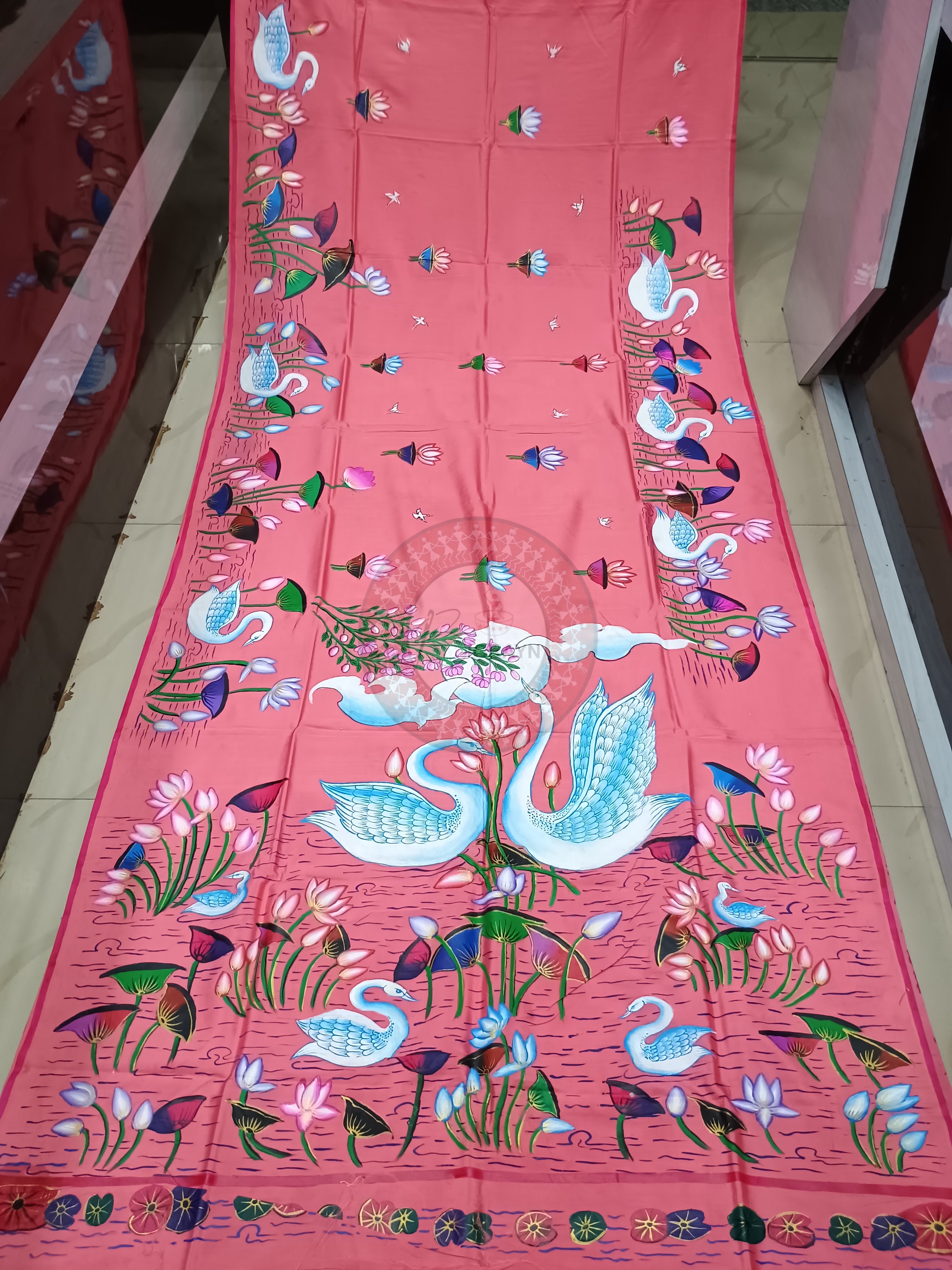 Pastel Pink Swans & Lotus Design Pattachitra Khadi Silk Saree