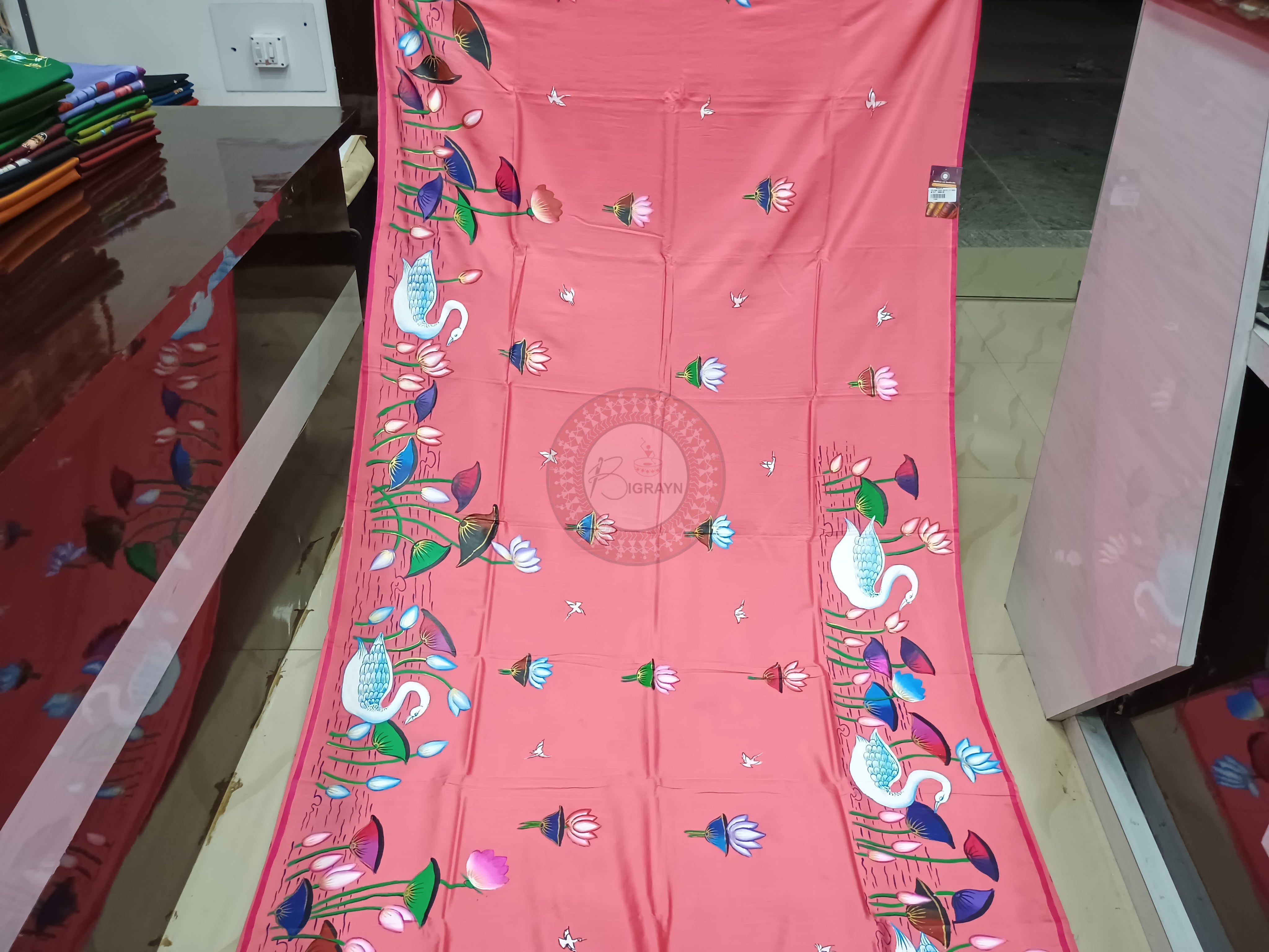 Pastel Pink Swans & Lotus Design Pattachitra Khadi Silk Saree