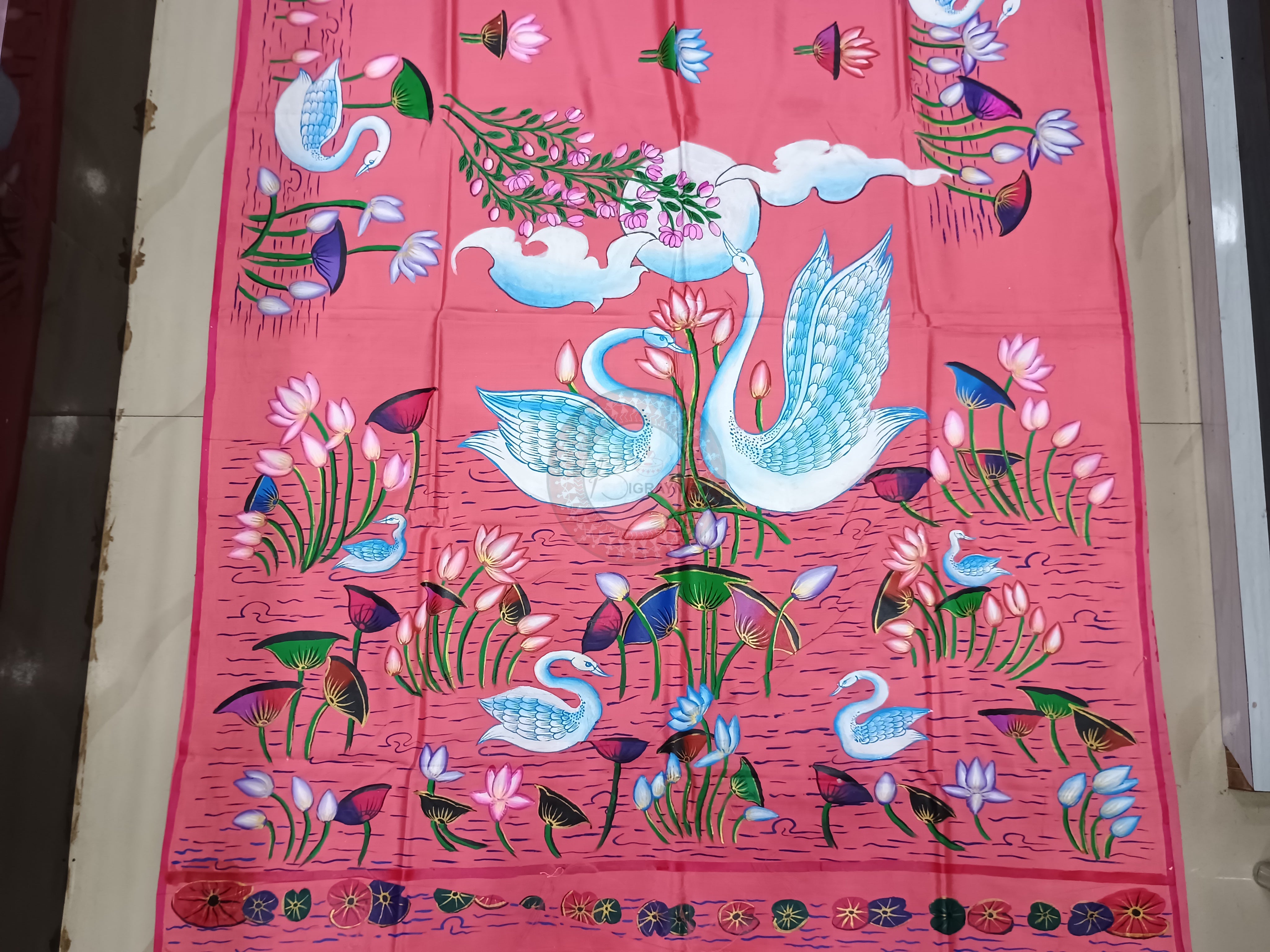 Pastel Pink Swans & Lotus Design Pattachitra Khadi Silk Saree