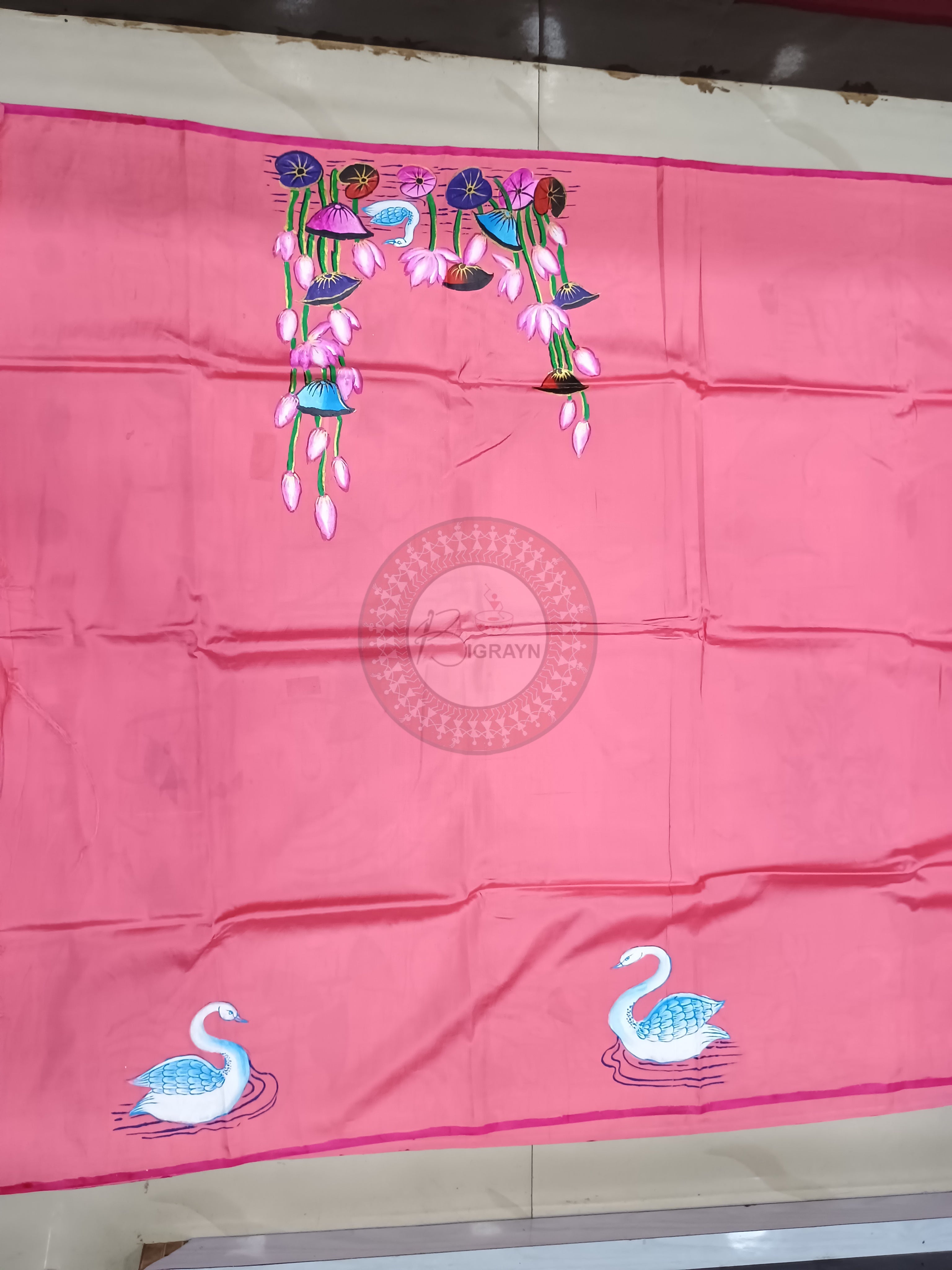 Pastel Pink Swans & Lotus Design Pattachitra Khadi Silk Saree
