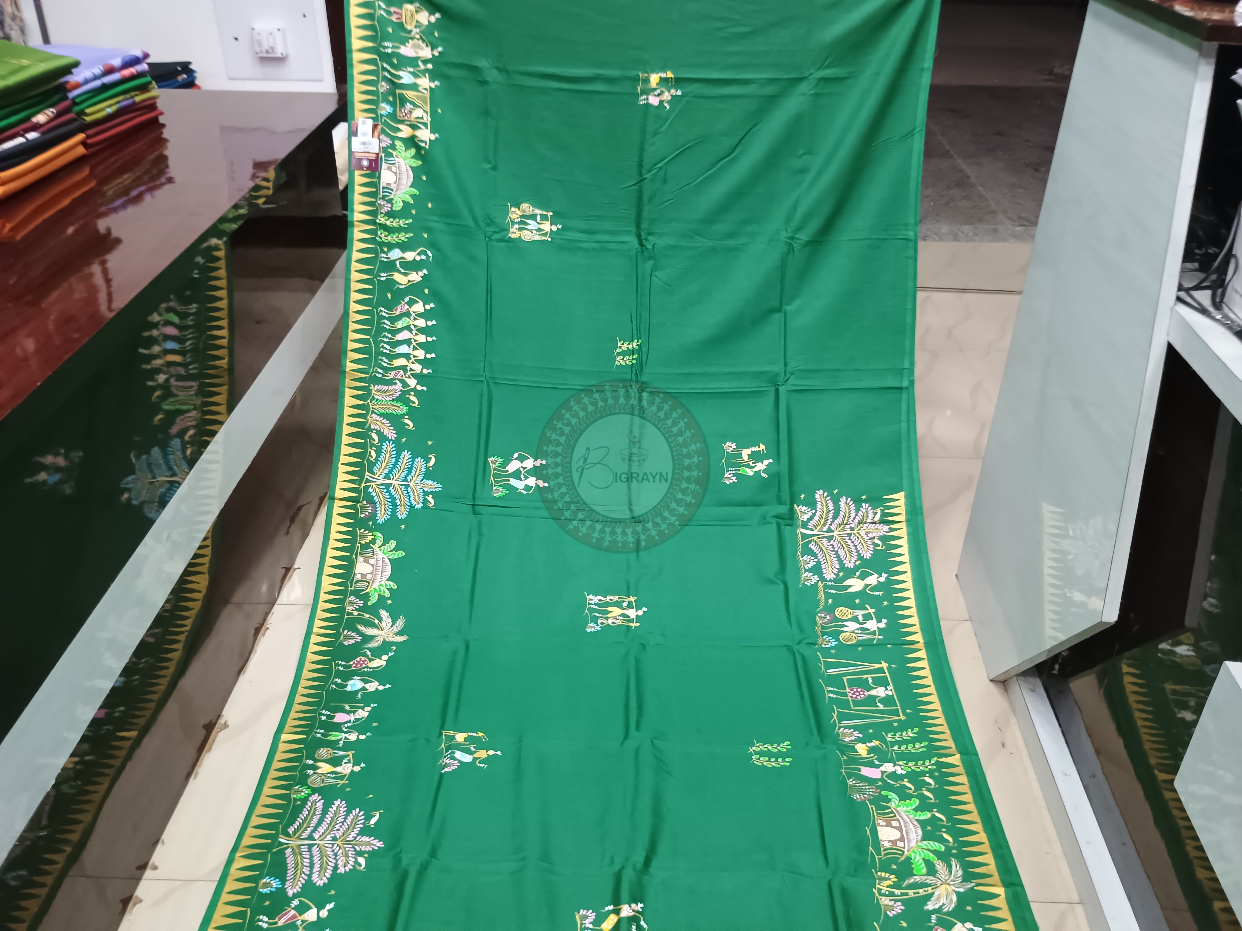 Green Village Tribal Theme Pattachitra Khadi Silk Saree