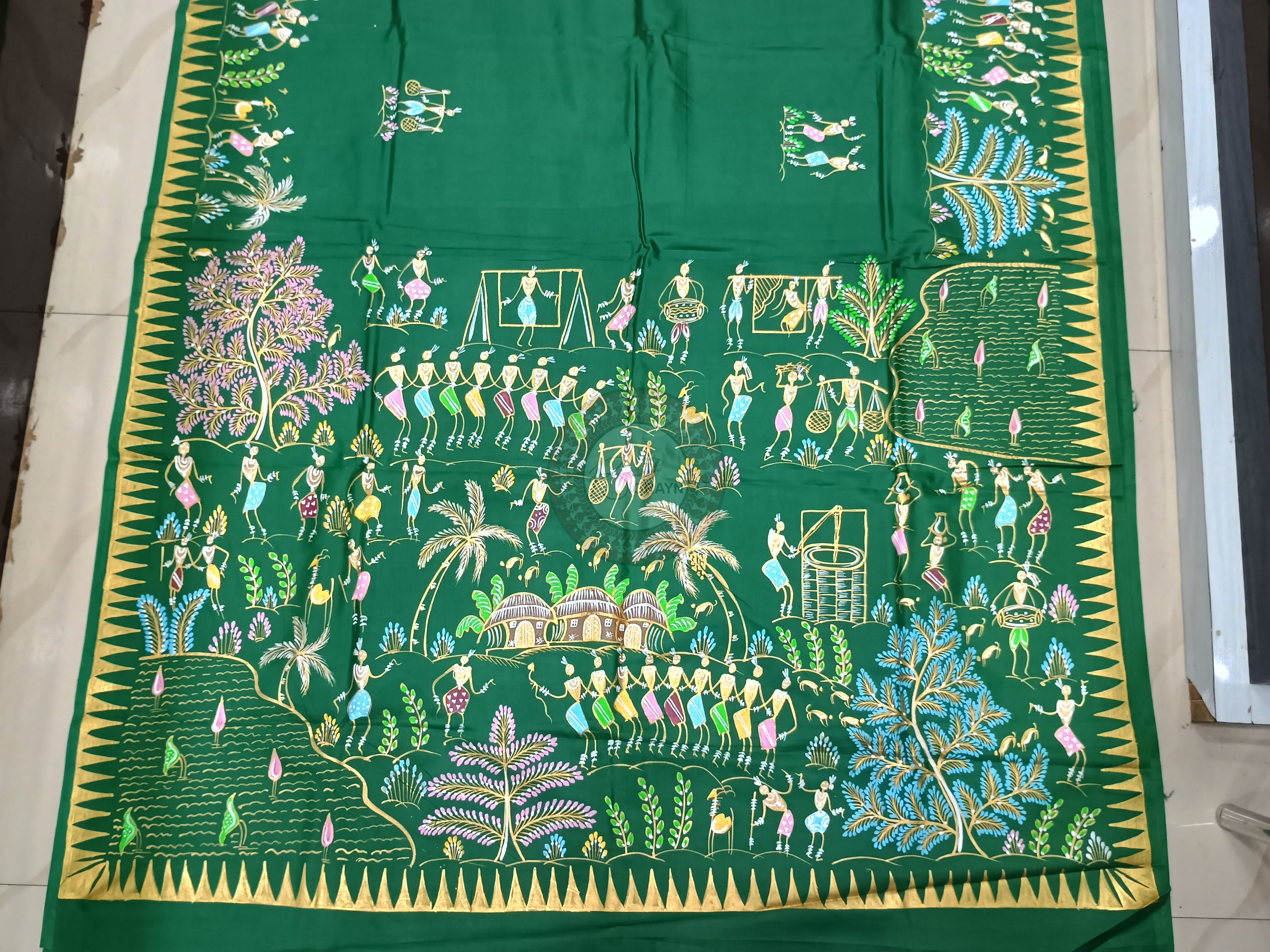 Green Village Tribal Theme Pattachitra Khadi Silk Saree