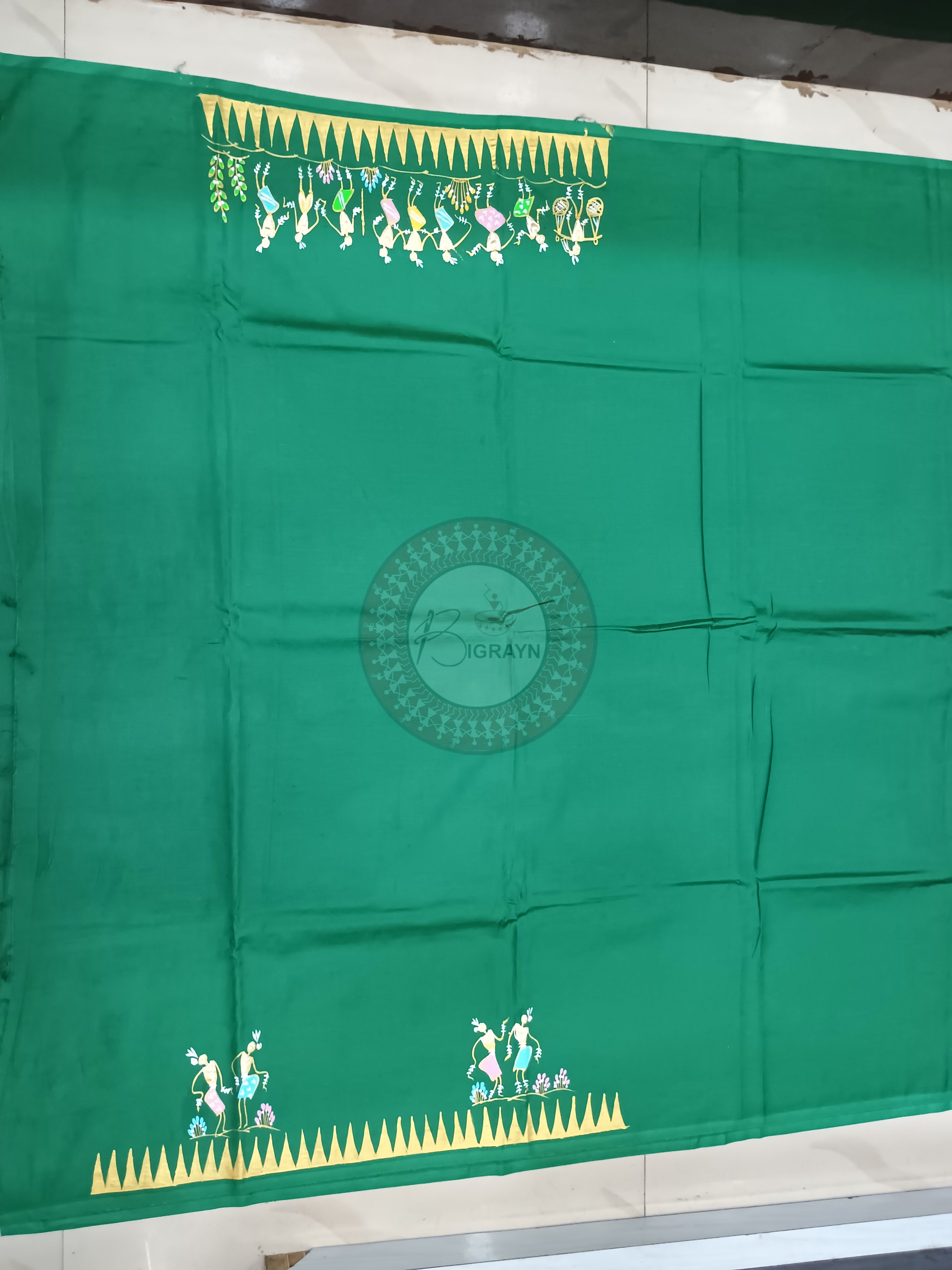 Green Village Tribal Theme Pattachitra Khadi Silk Saree
