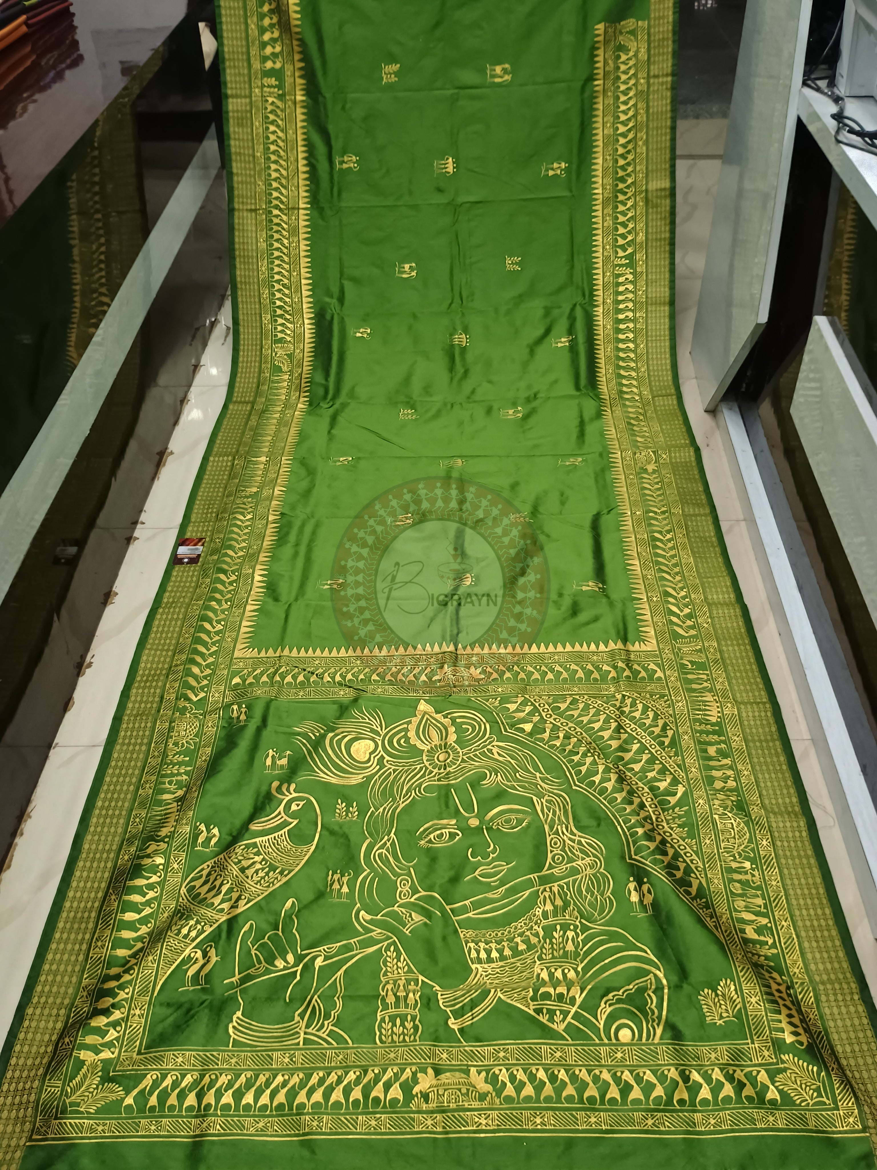 Green Tribal Krishna Theme Pattachitra Cotton Blended Silk