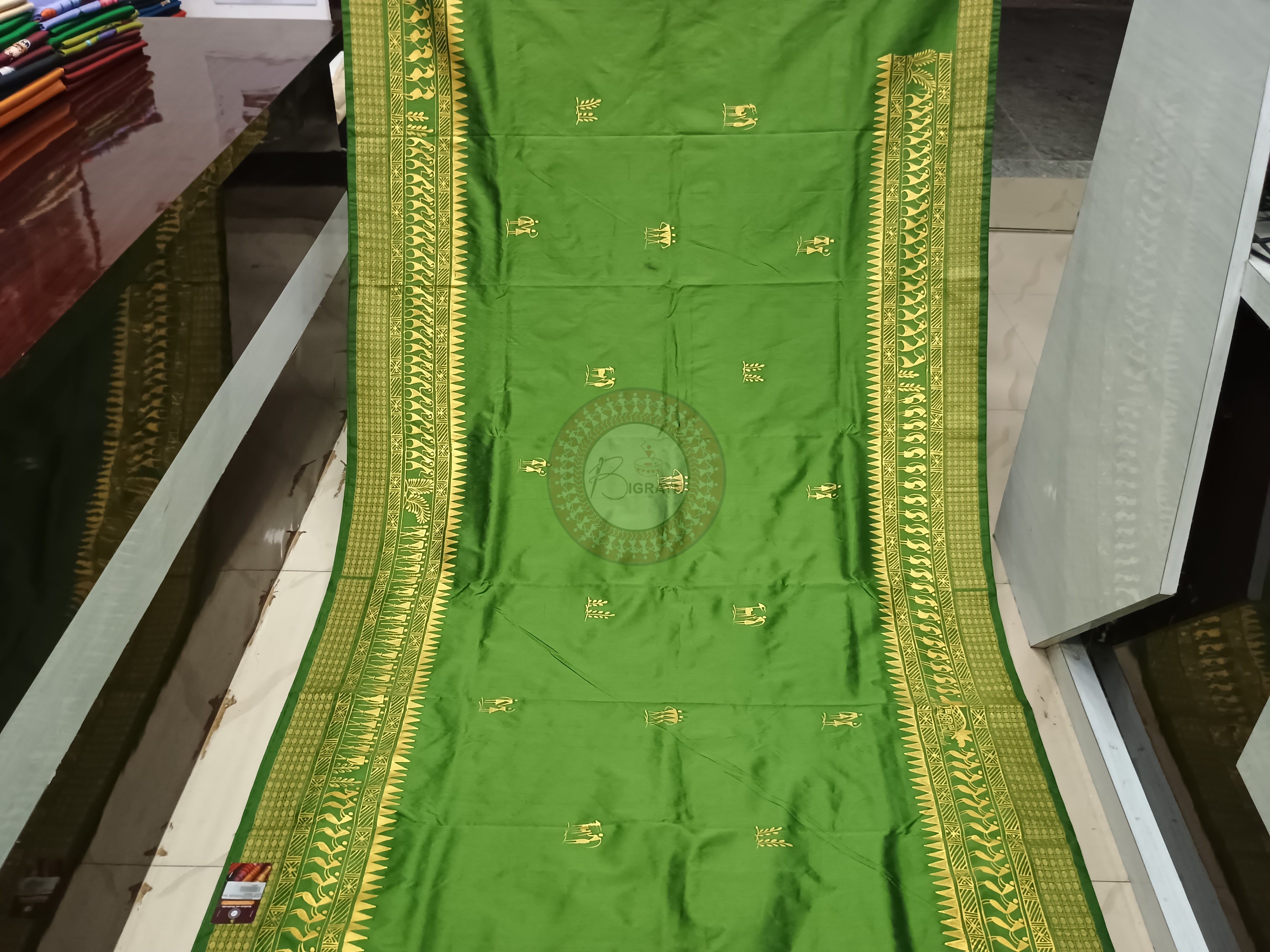 Green Tribal Krishna Theme Pattachitra Cotton Blended Silk