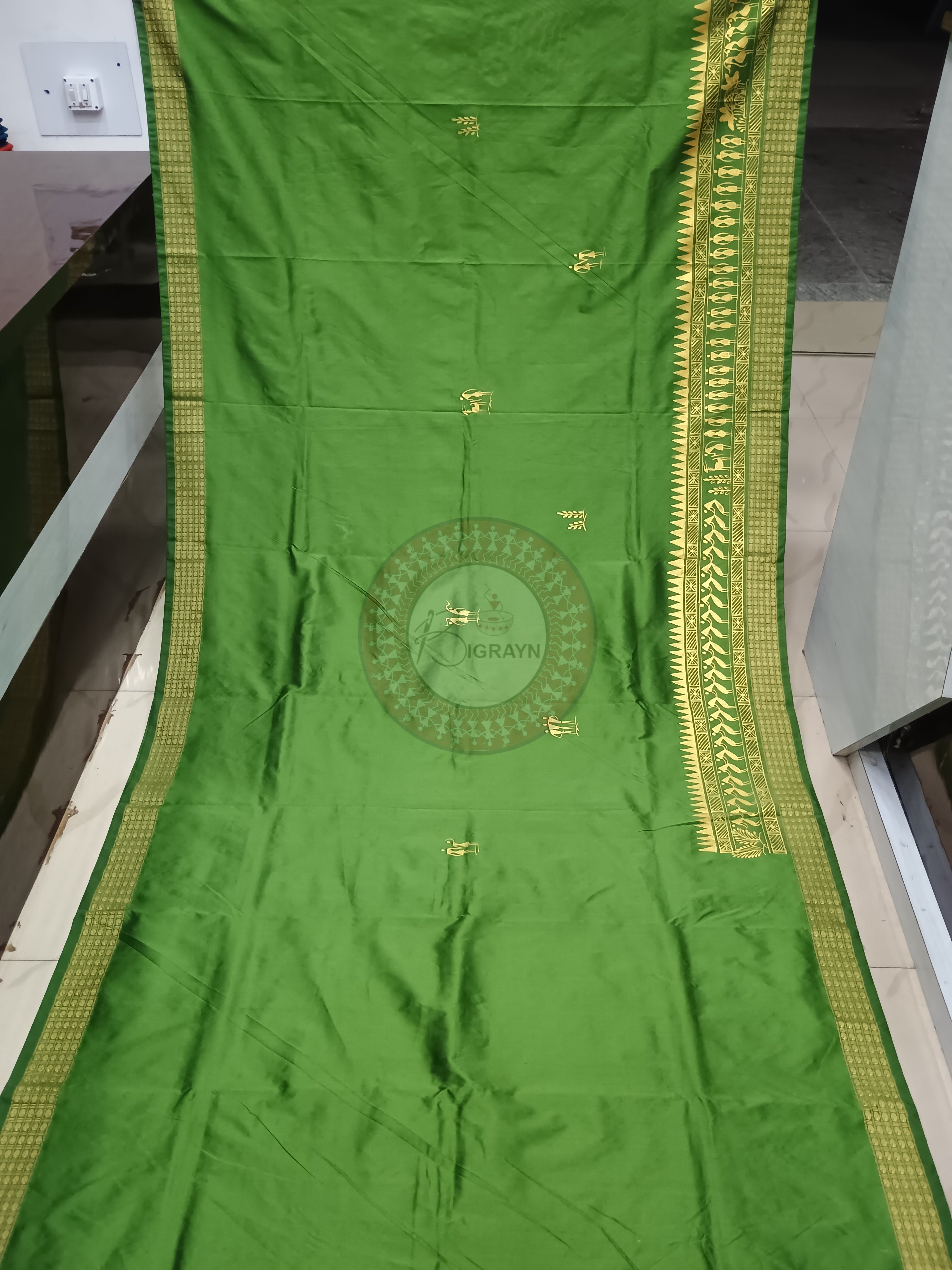 Green Tribal Krishna Theme Pattachitra Cotton Blended Silk