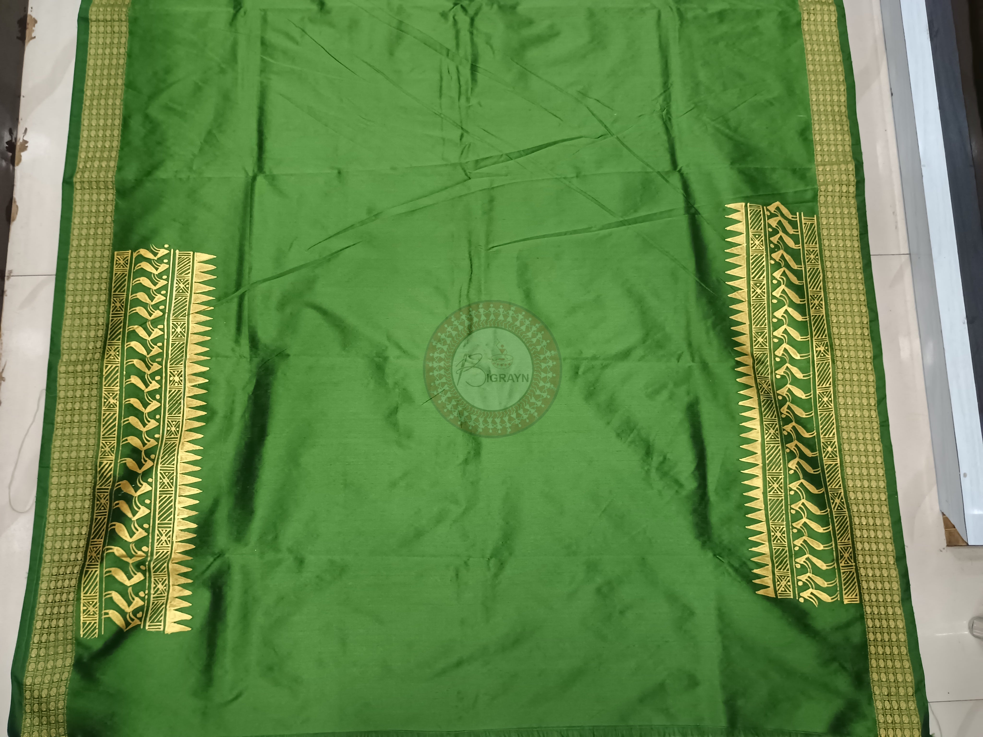 Green Tribal Krishna Theme Pattachitra Cotton Blended Silk