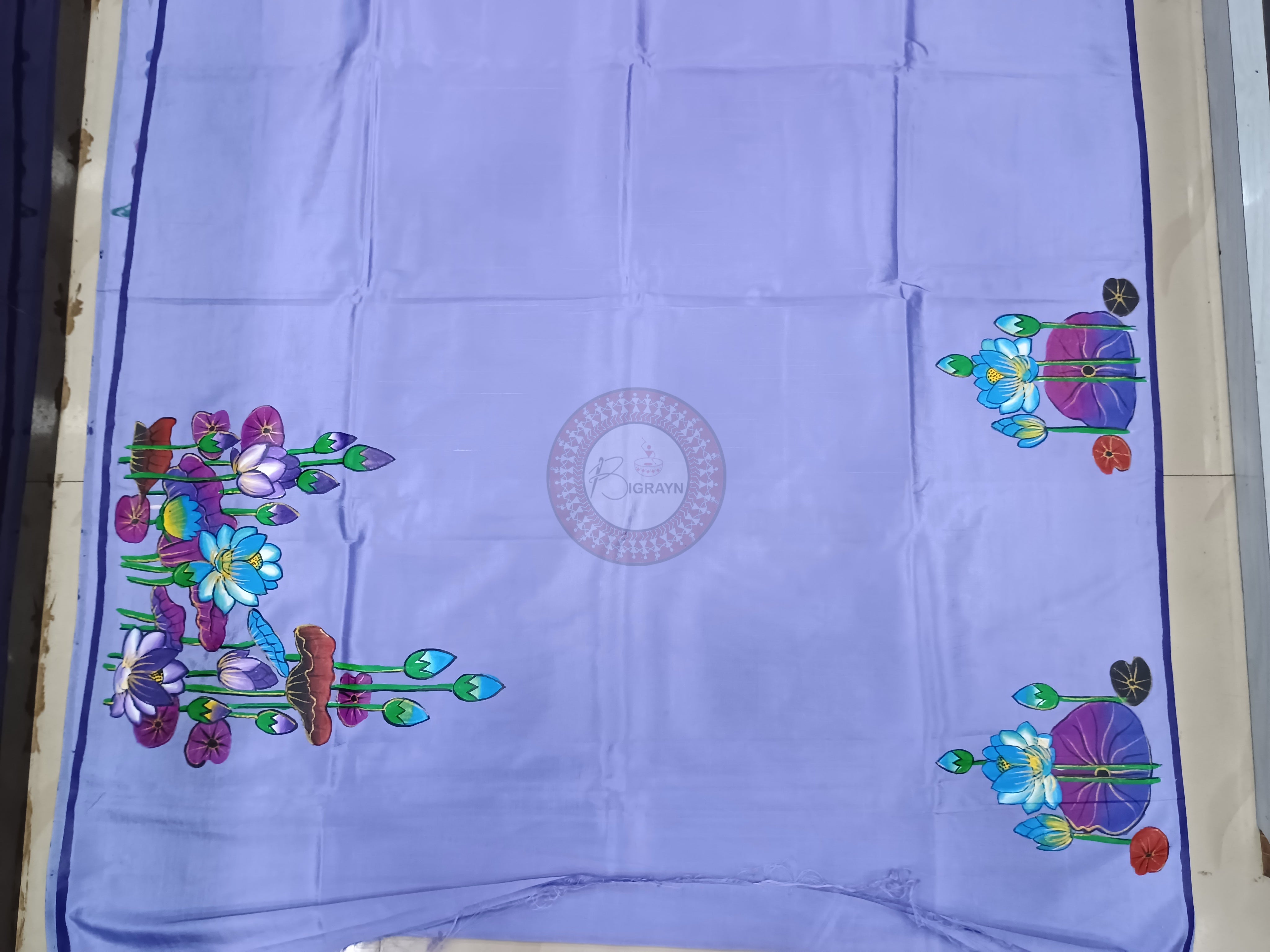 Purple Water Lily Birds Theme Pattachitra Khadi Silk Saree
