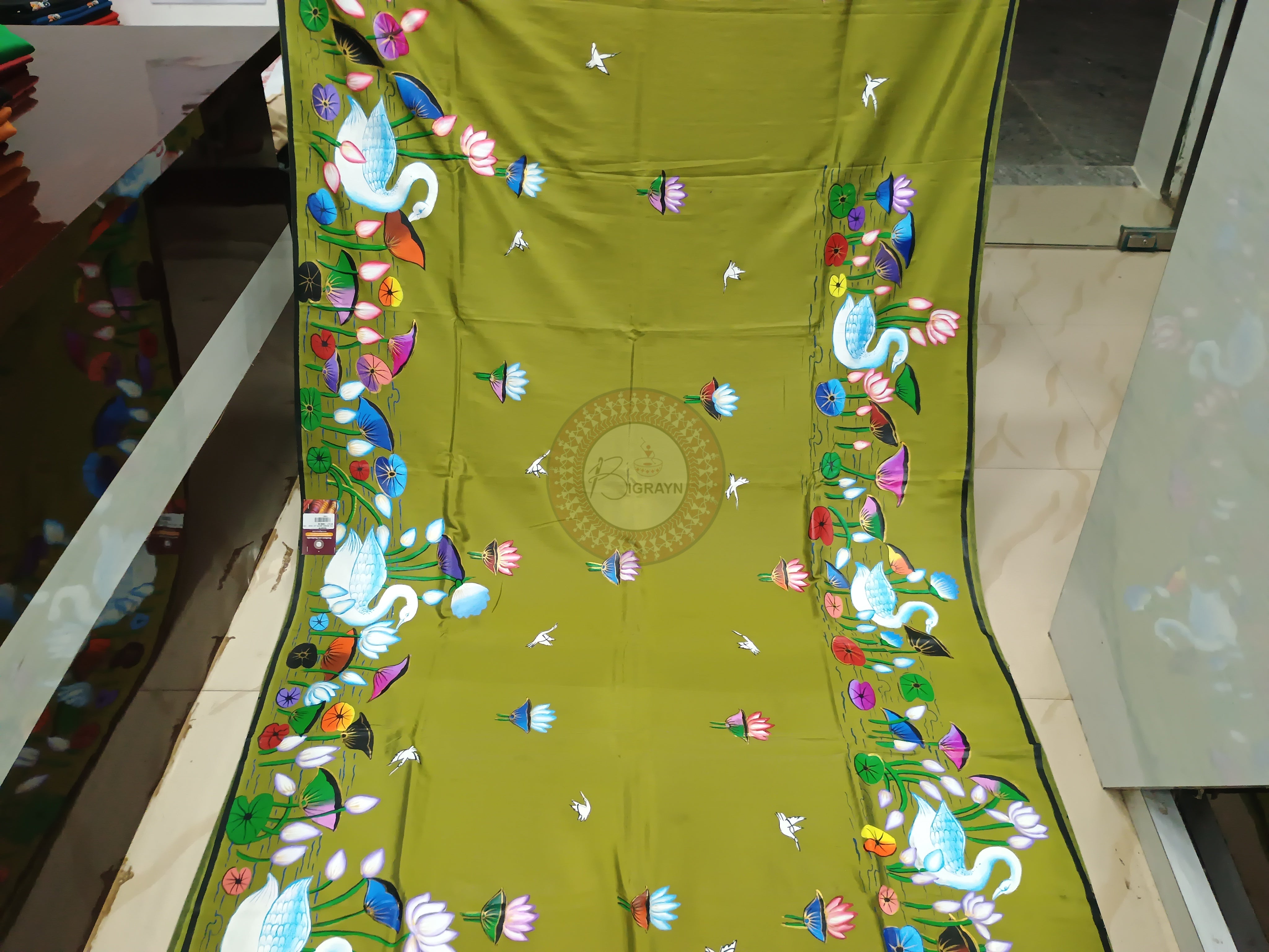 Mehendi Water Lily pattachitra Khadi Silk Saree