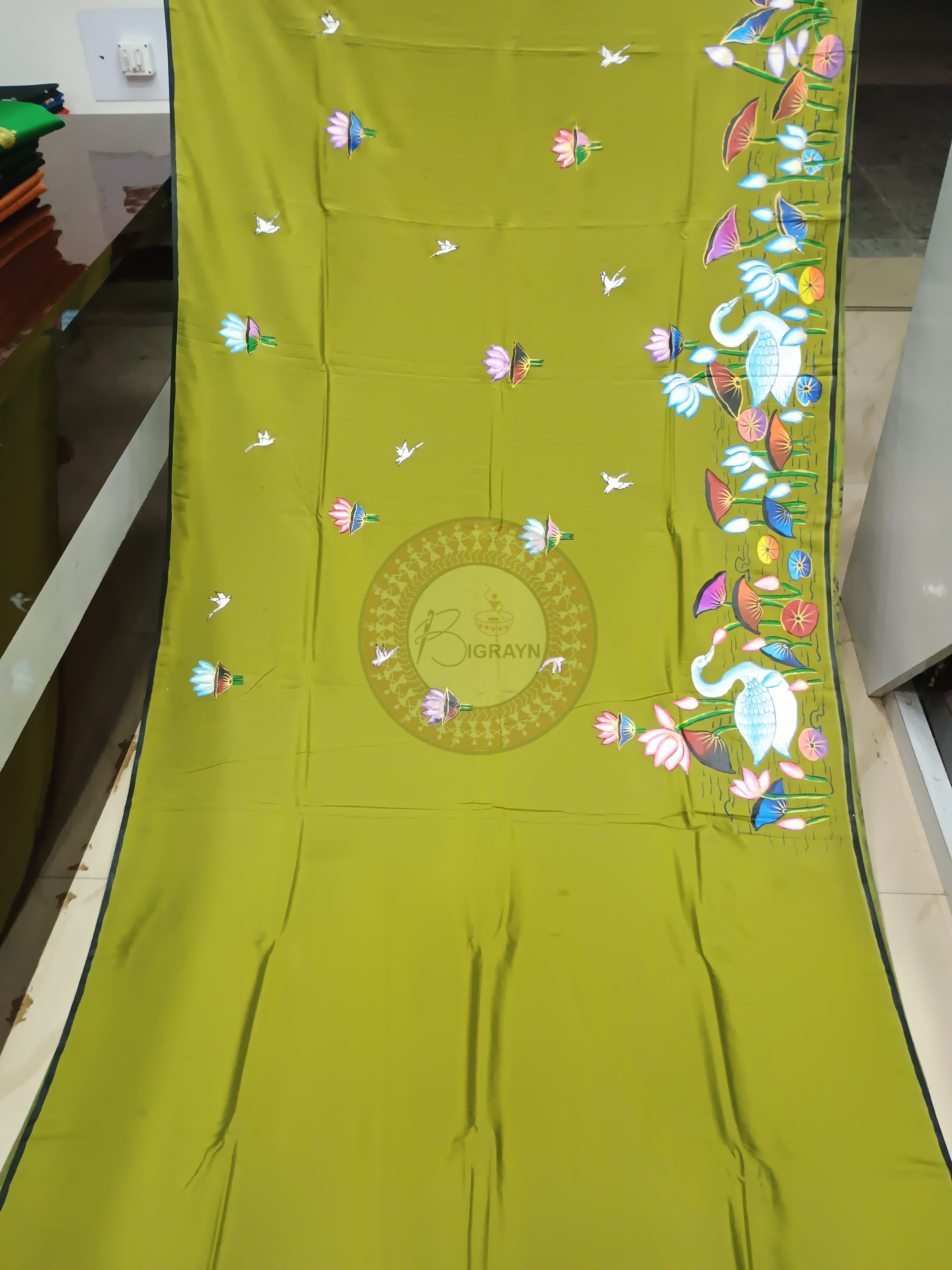 Mehendi Water Lily pattachitra Khadi Silk Saree