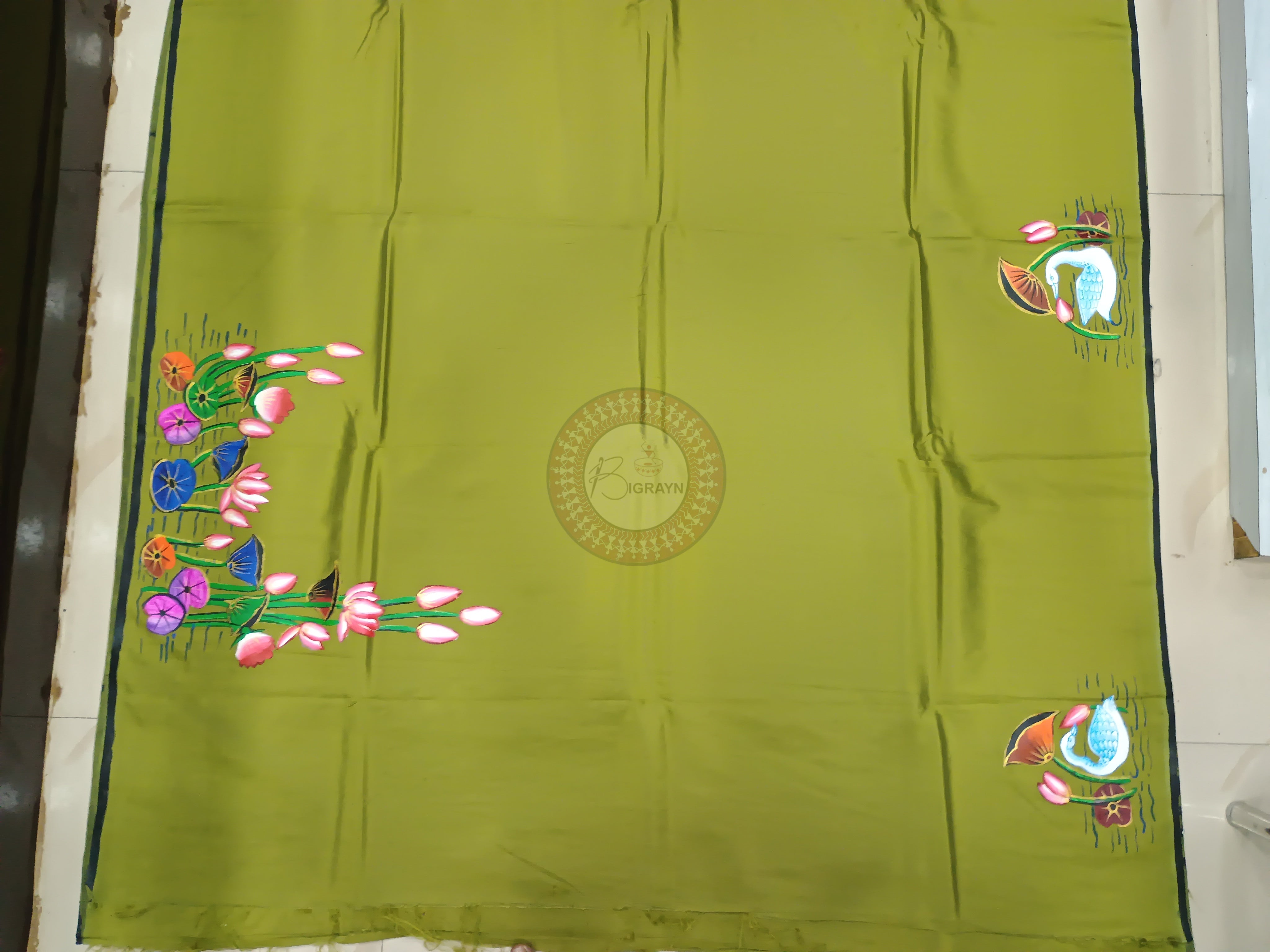 Mehendi Water Lily pattachitra Khadi Silk Saree