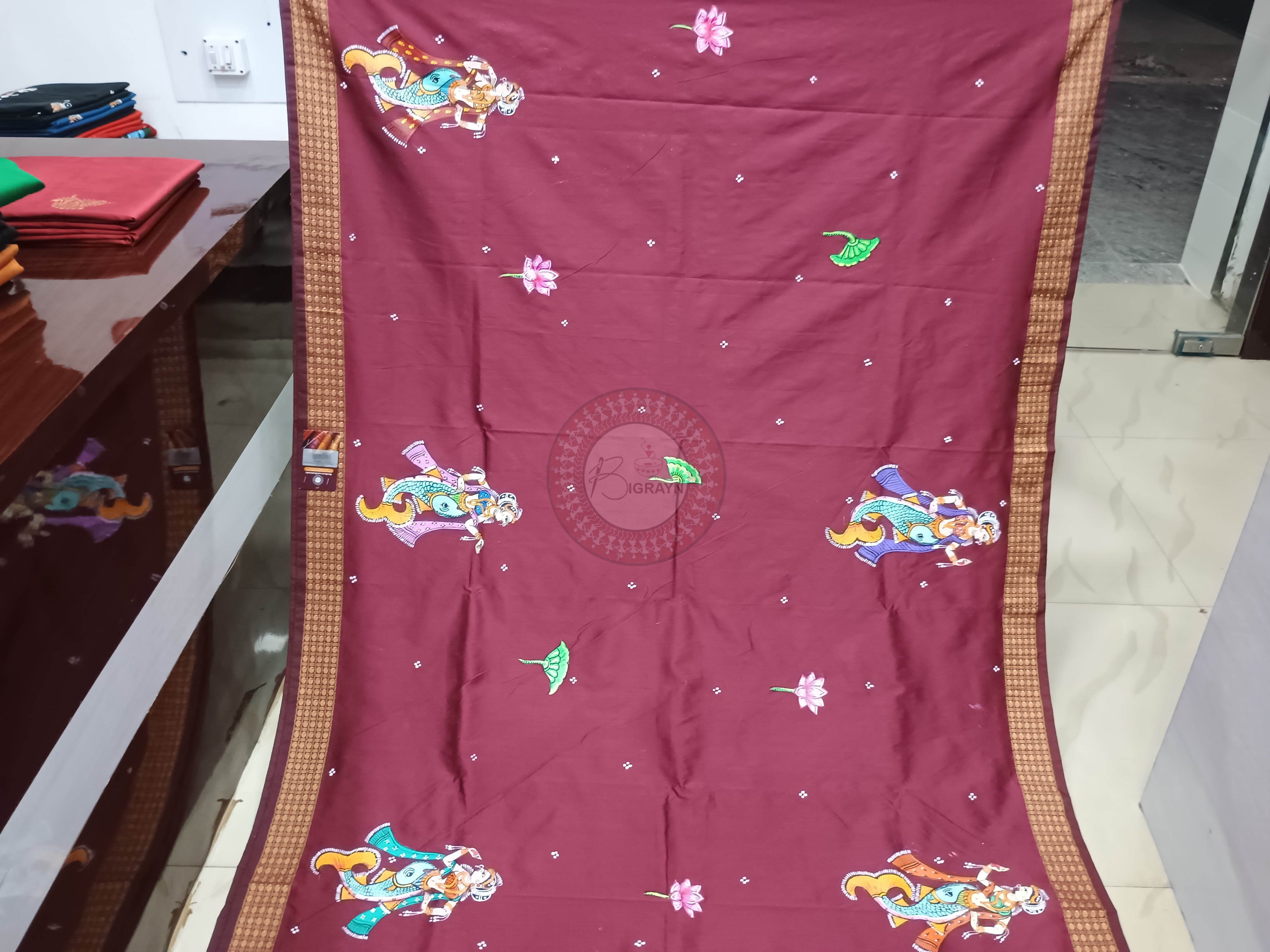 Maroon Matsyakanya Theme Pattachitra Cotton Blended Silk Saree
