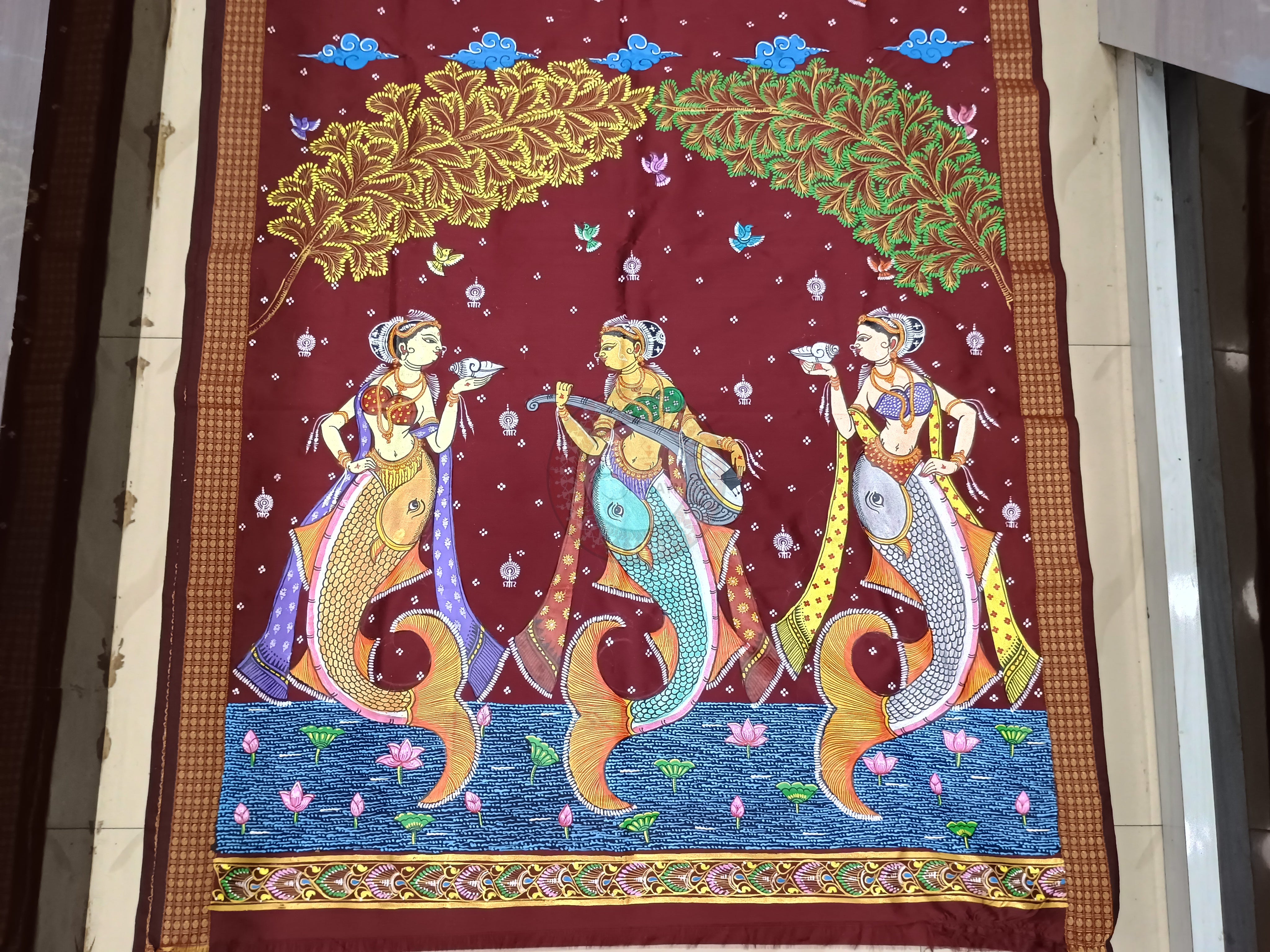 Maroon Matsyakanya Theme Pattachitra Cotton Blended Silk Saree