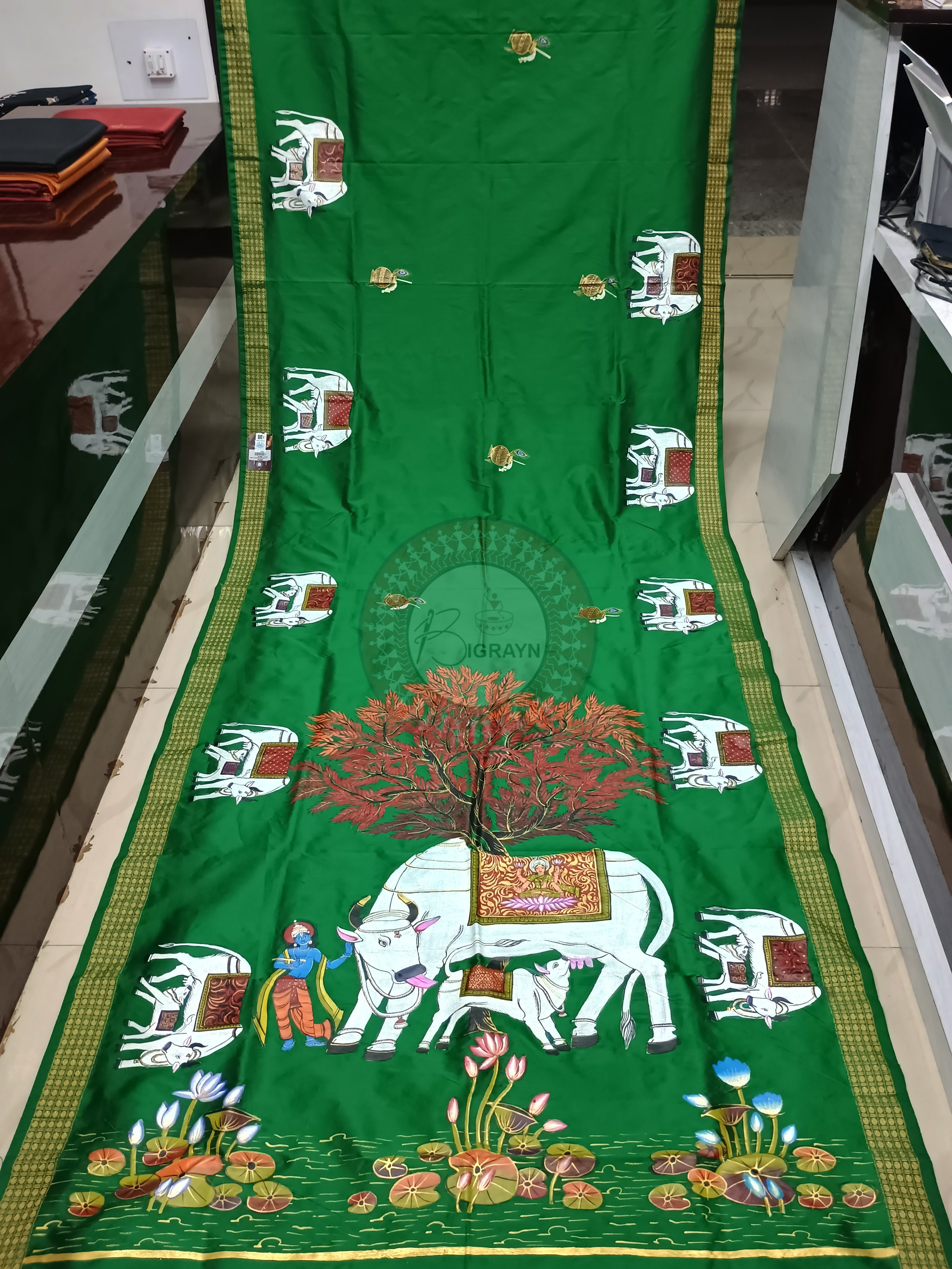 Green Kamadhenu Theme Pattachitra Cotton Blended Silk Saree