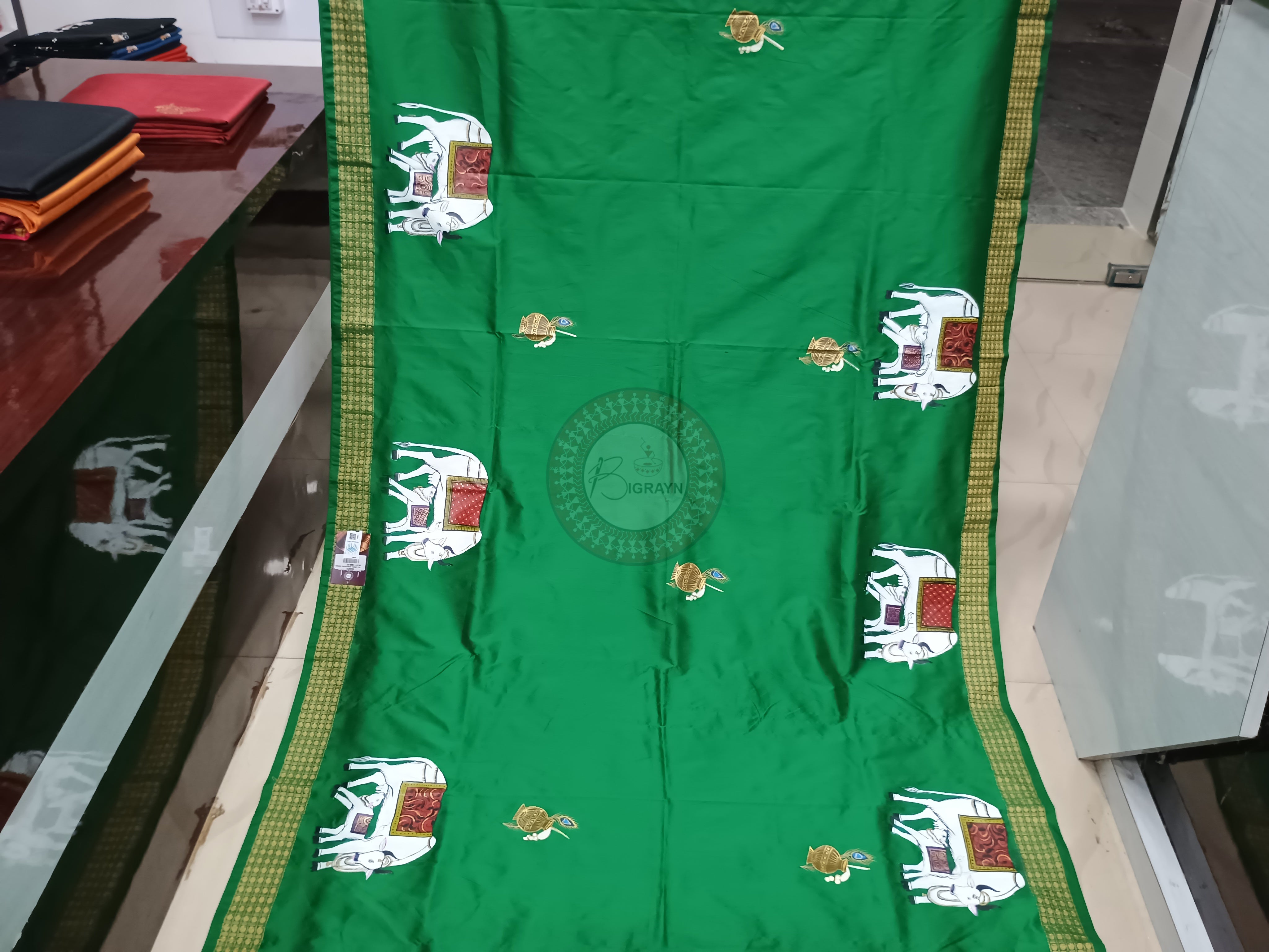 Green Kamadhenu Theme Pattachitra Cotton Blended Silk Saree