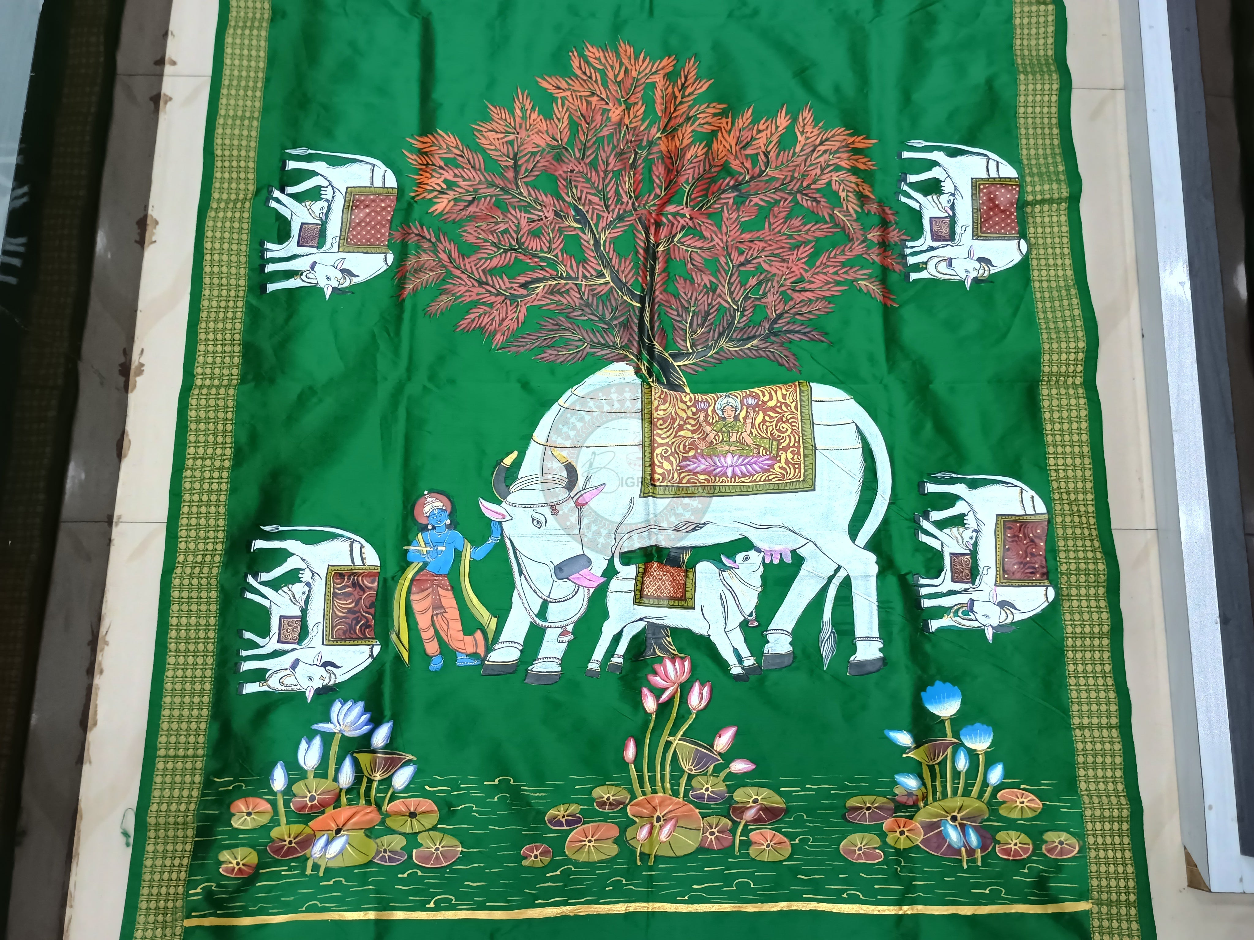 Green Kamadhenu Theme Pattachitra Cotton Blended Silk Saree