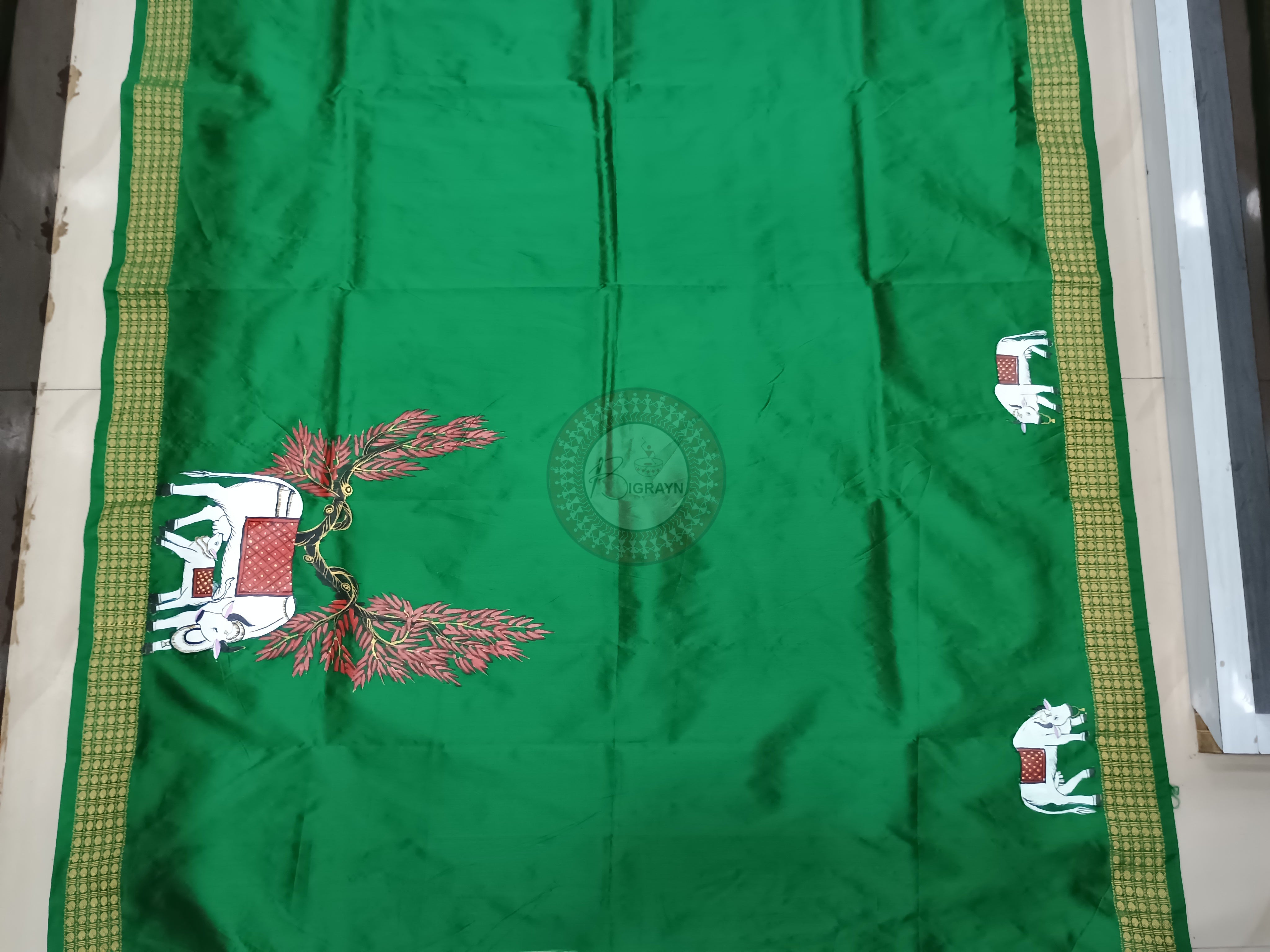 Green Kamadhenu Theme Pattachitra Cotton Blended Silk Saree