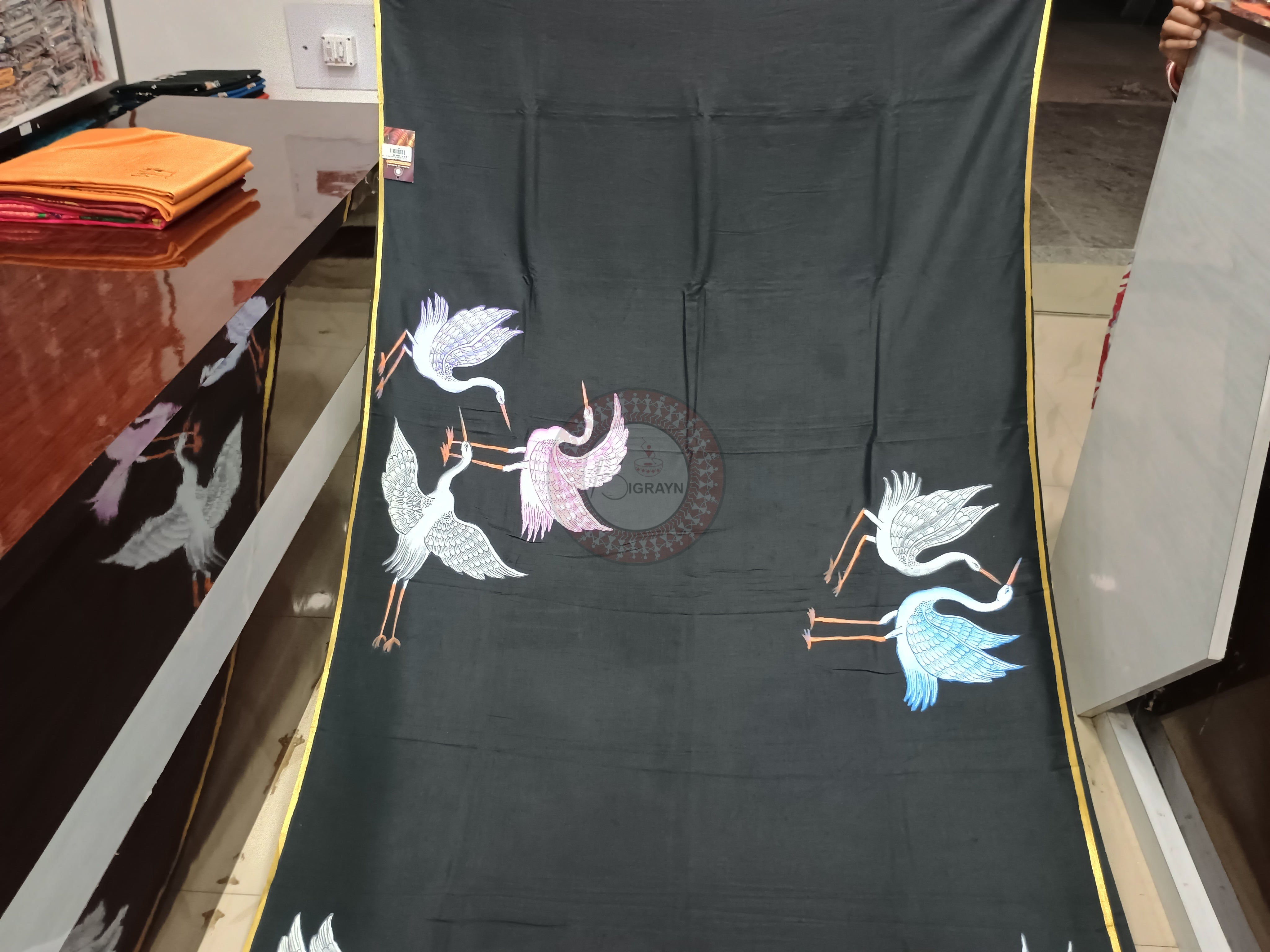 Black Flamingo Theme Pattachitra Khadi Silk Saree