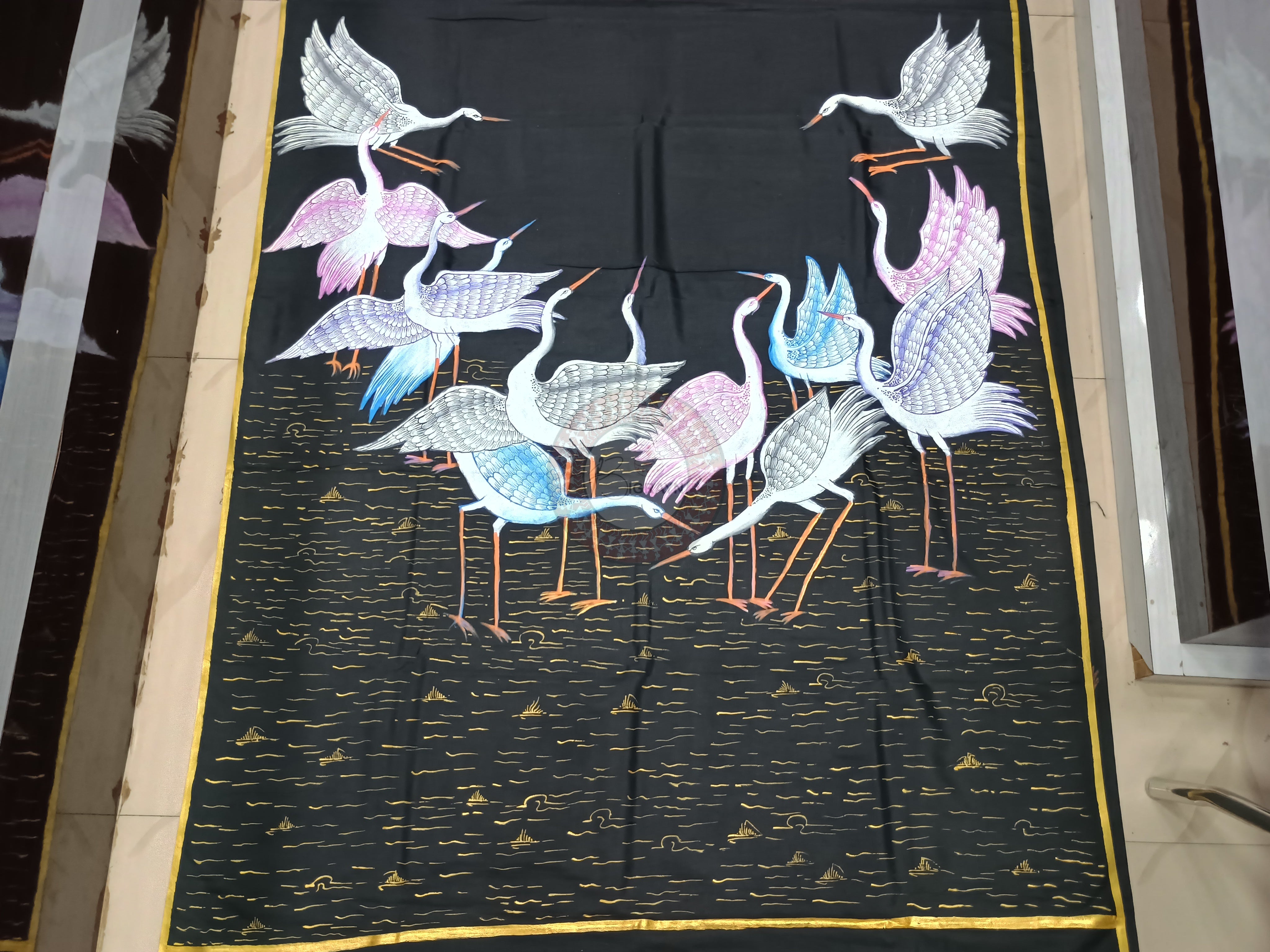 Black Flamingo Theme Pattachitra Khadi Silk Saree