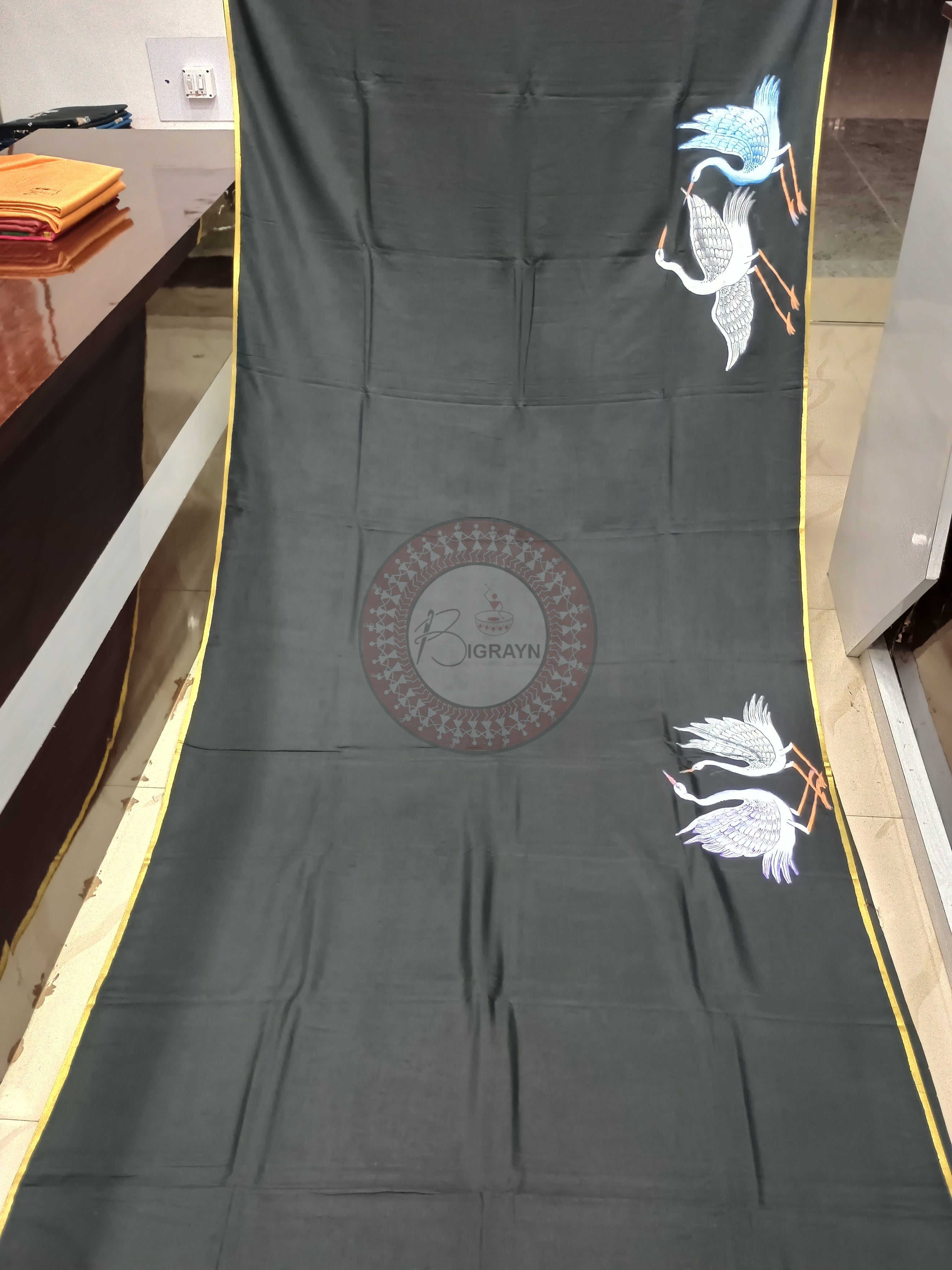 Black Flamingo Theme Pattachitra Khadi Silk Saree