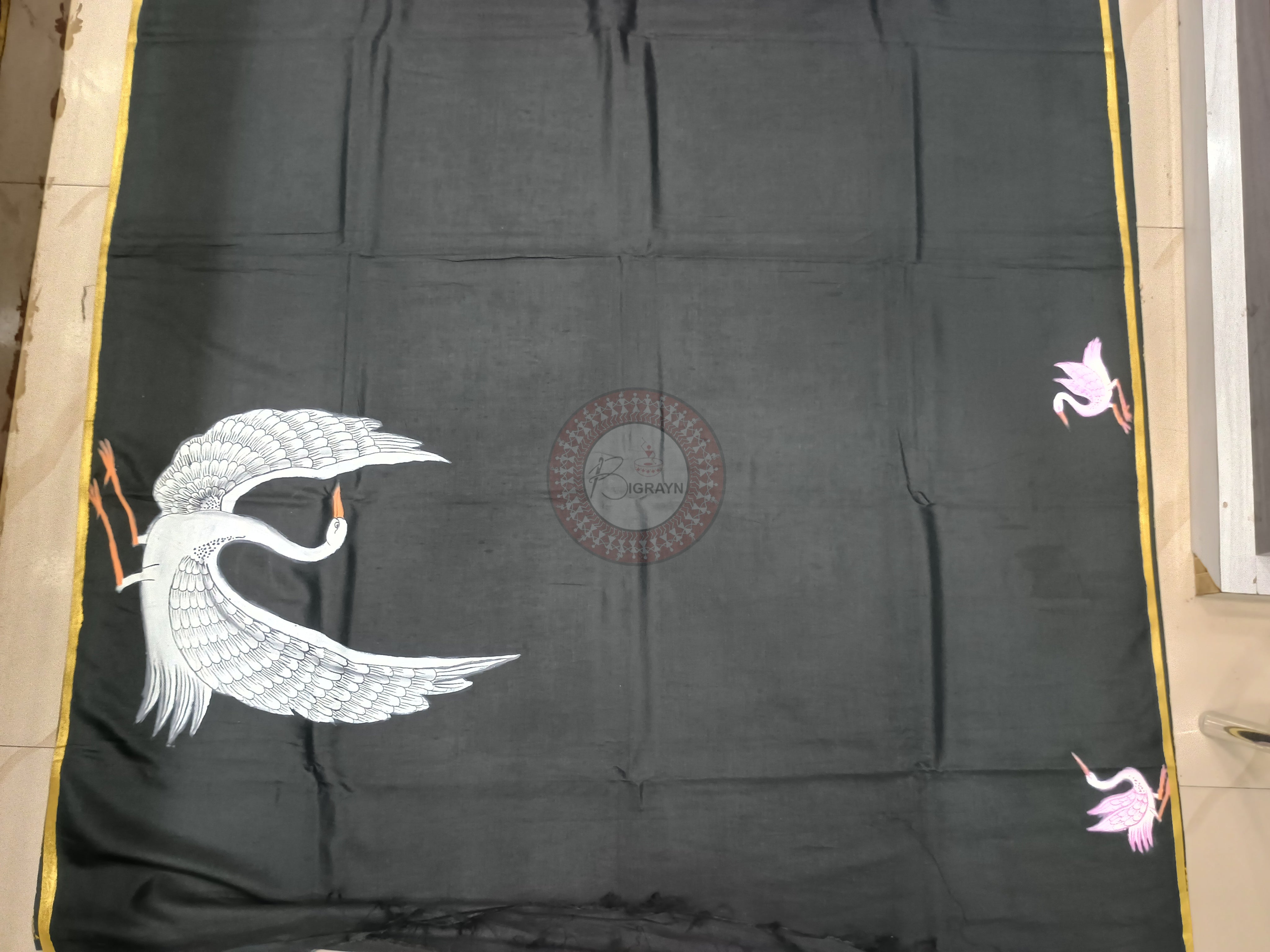 Black Flamingo Theme Pattachitra Khadi Silk Saree