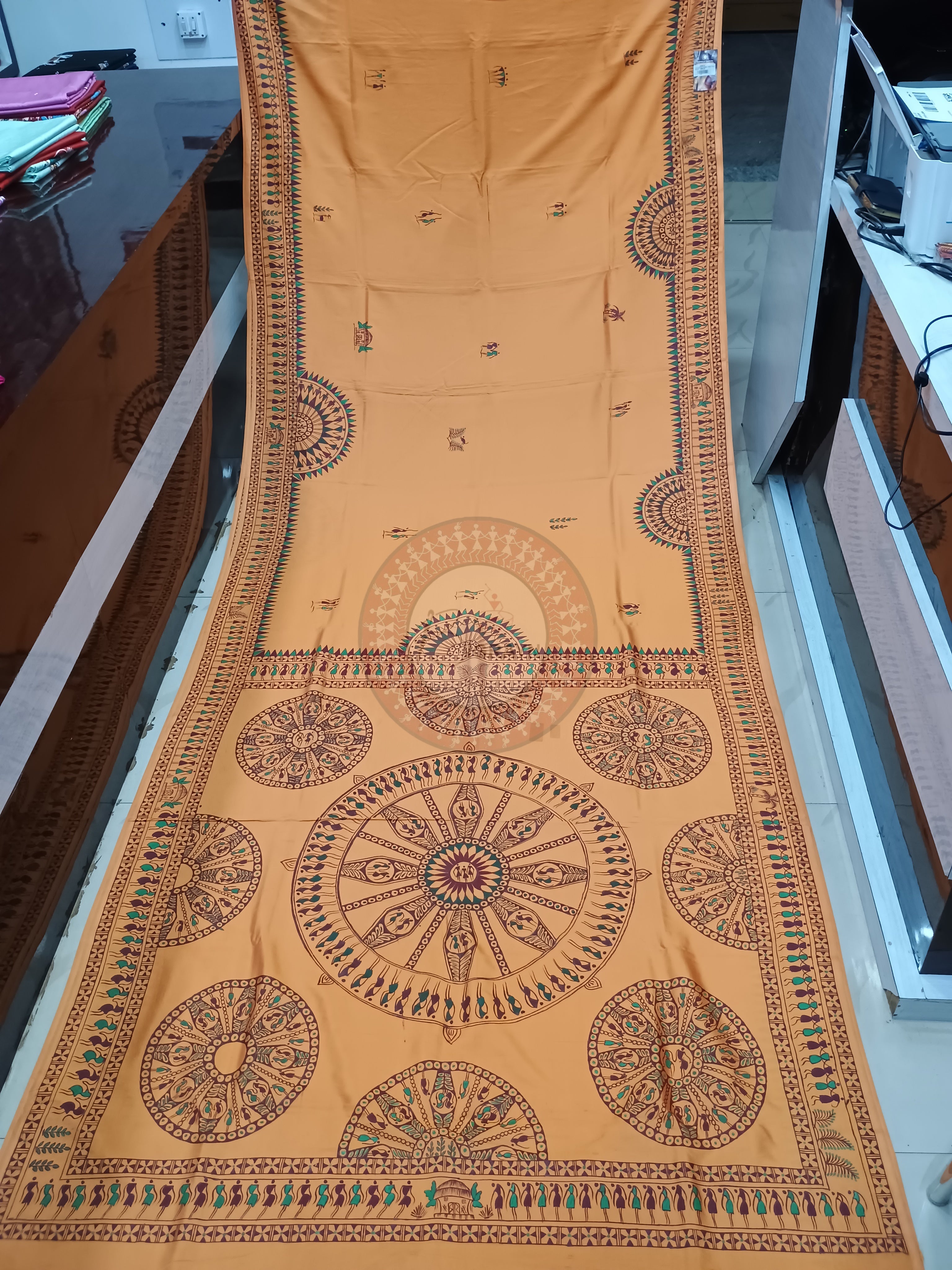 Mustard Yellow Konark Chakra Tribal Pattachitra Khadi Silk Saree