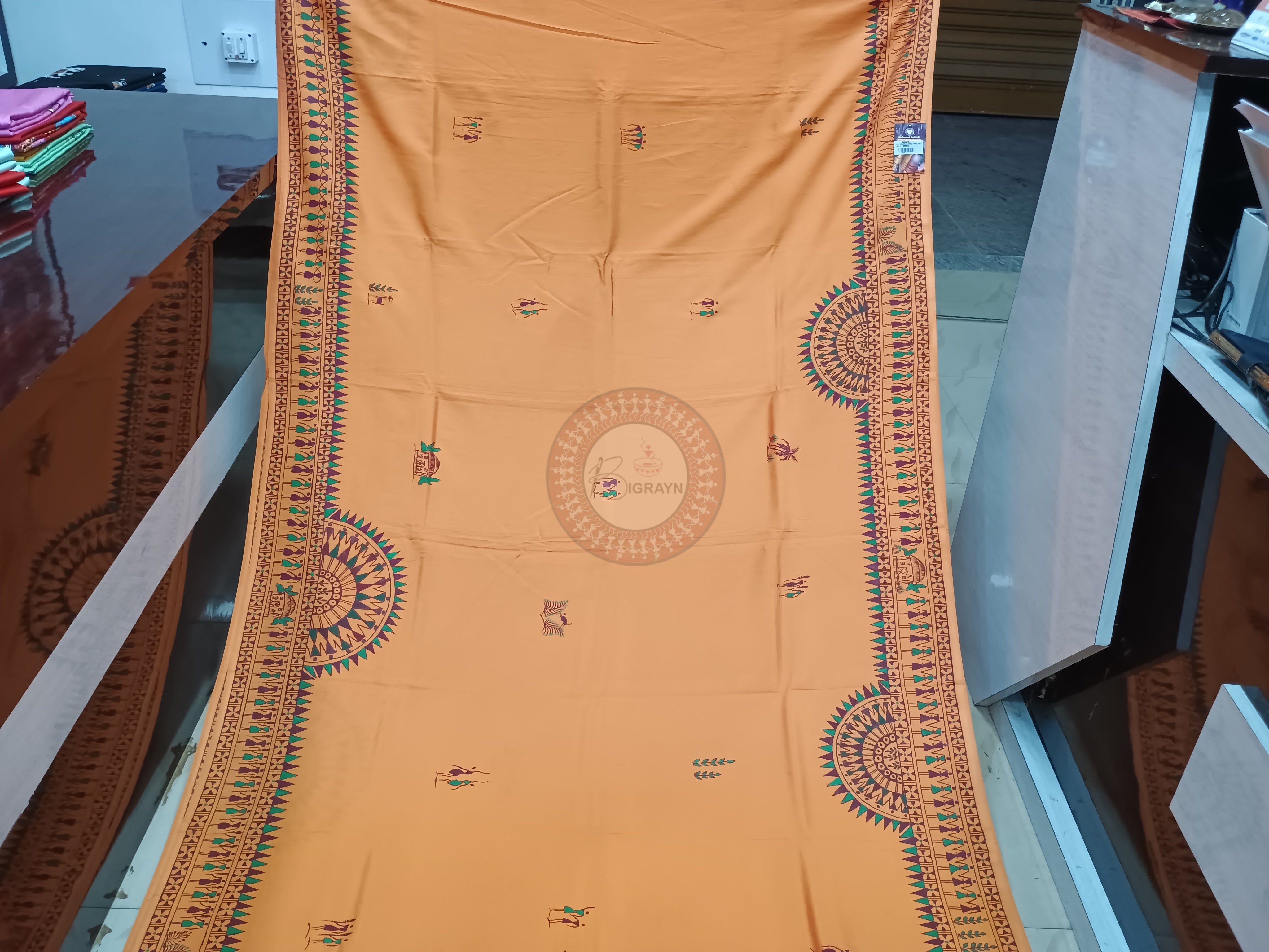 Mustard Yellow Konark Chakra Tribal Pattachitra Khadi Silk Saree