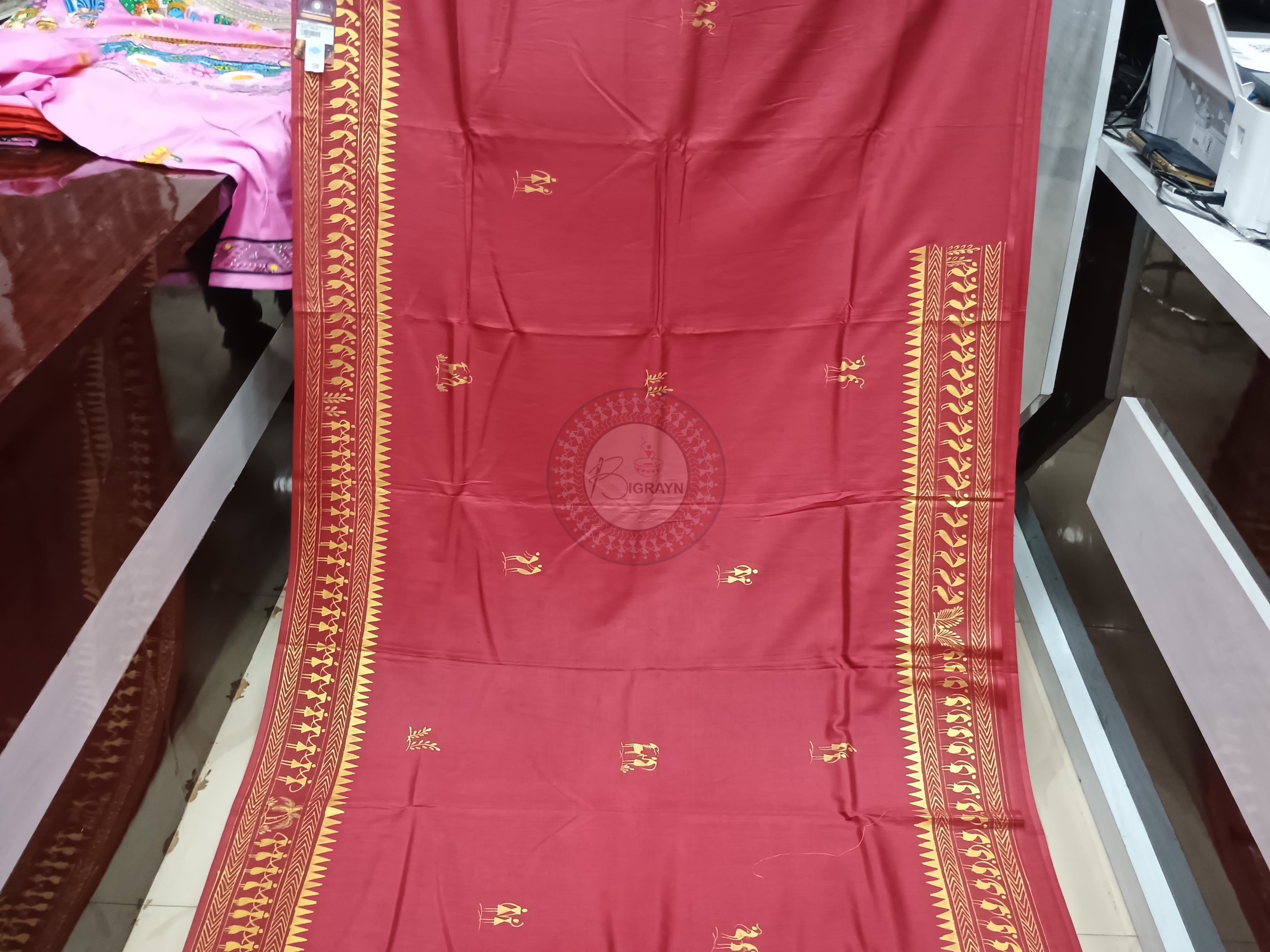 Maroon Krishna Theme Pattachitra Khadi Silk Saree