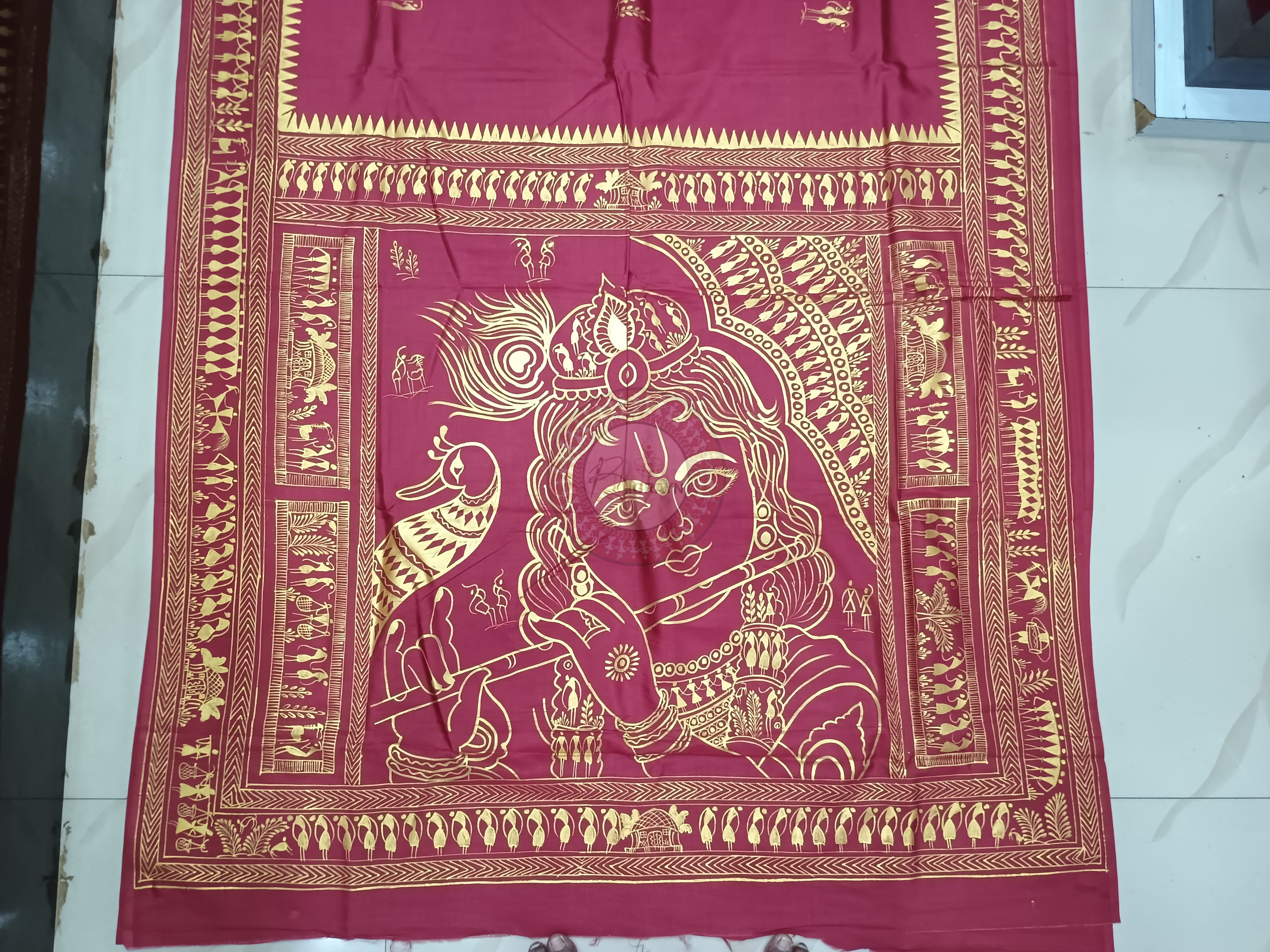 Maroon Krishna Theme Pattachitra Khadi Silk Saree