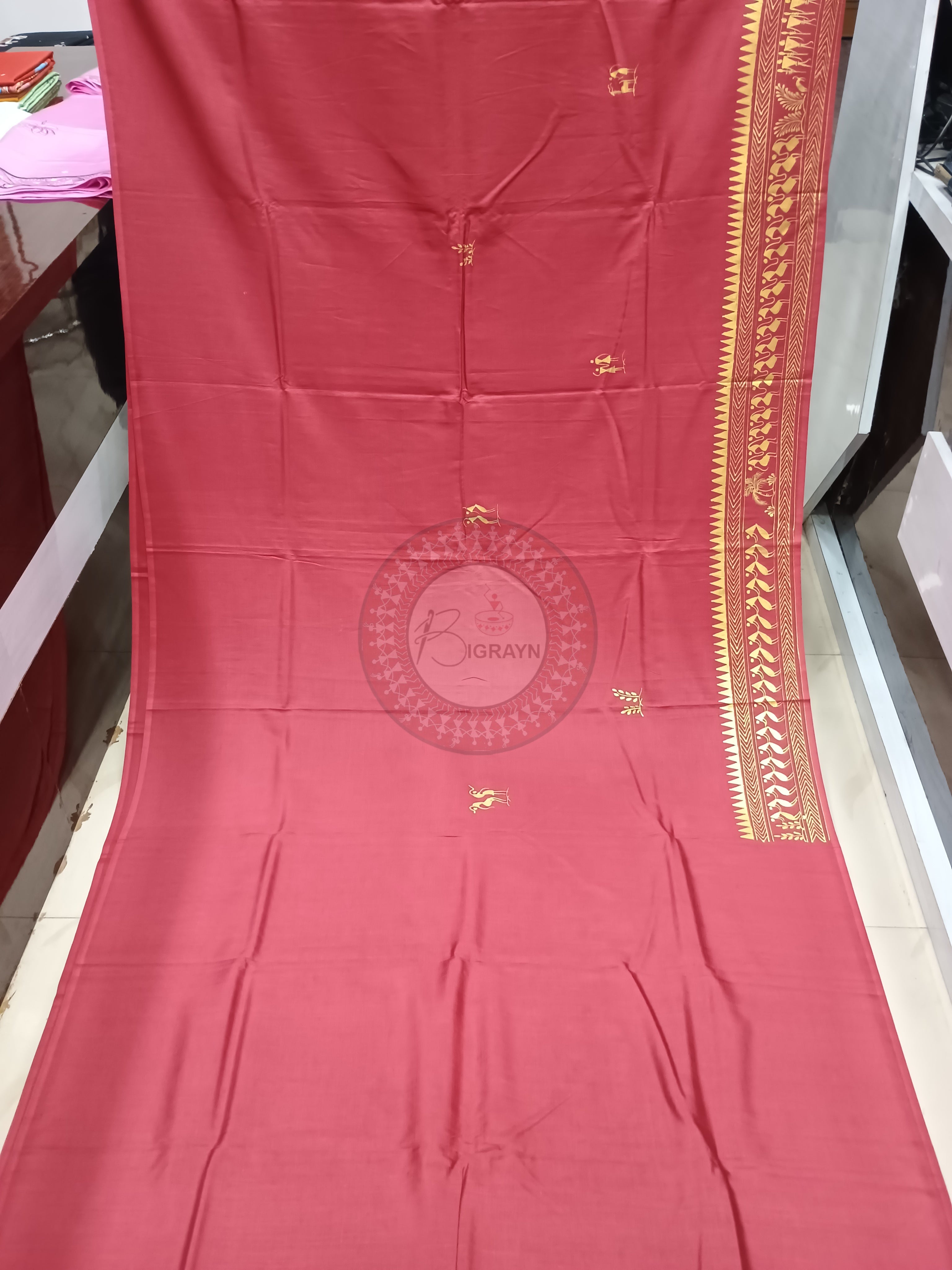Maroon Krishna Theme Pattachitra Khadi Silk Saree