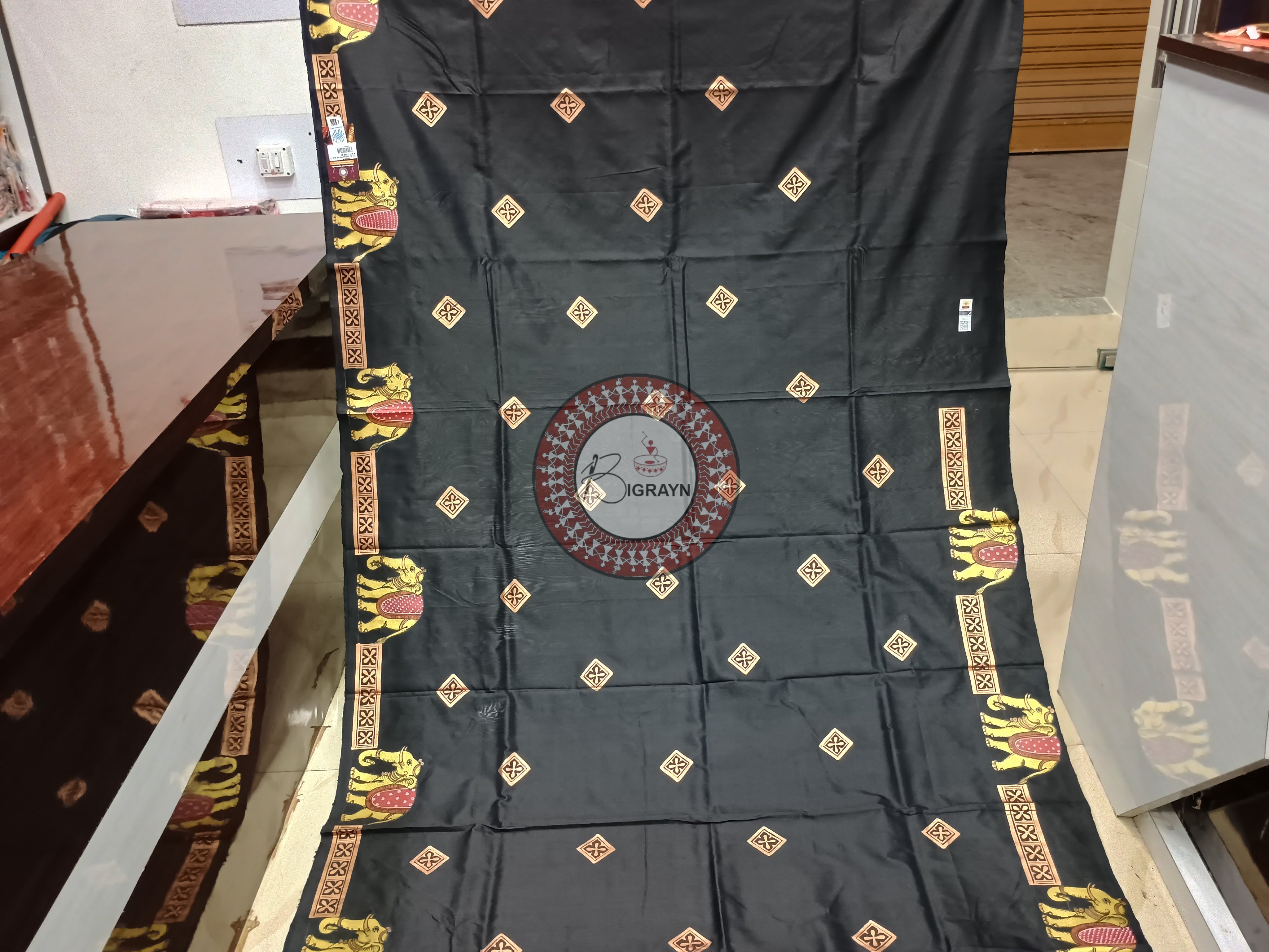 Black Ashoka Theme Pattachitra Sambalpuri Silk Saree