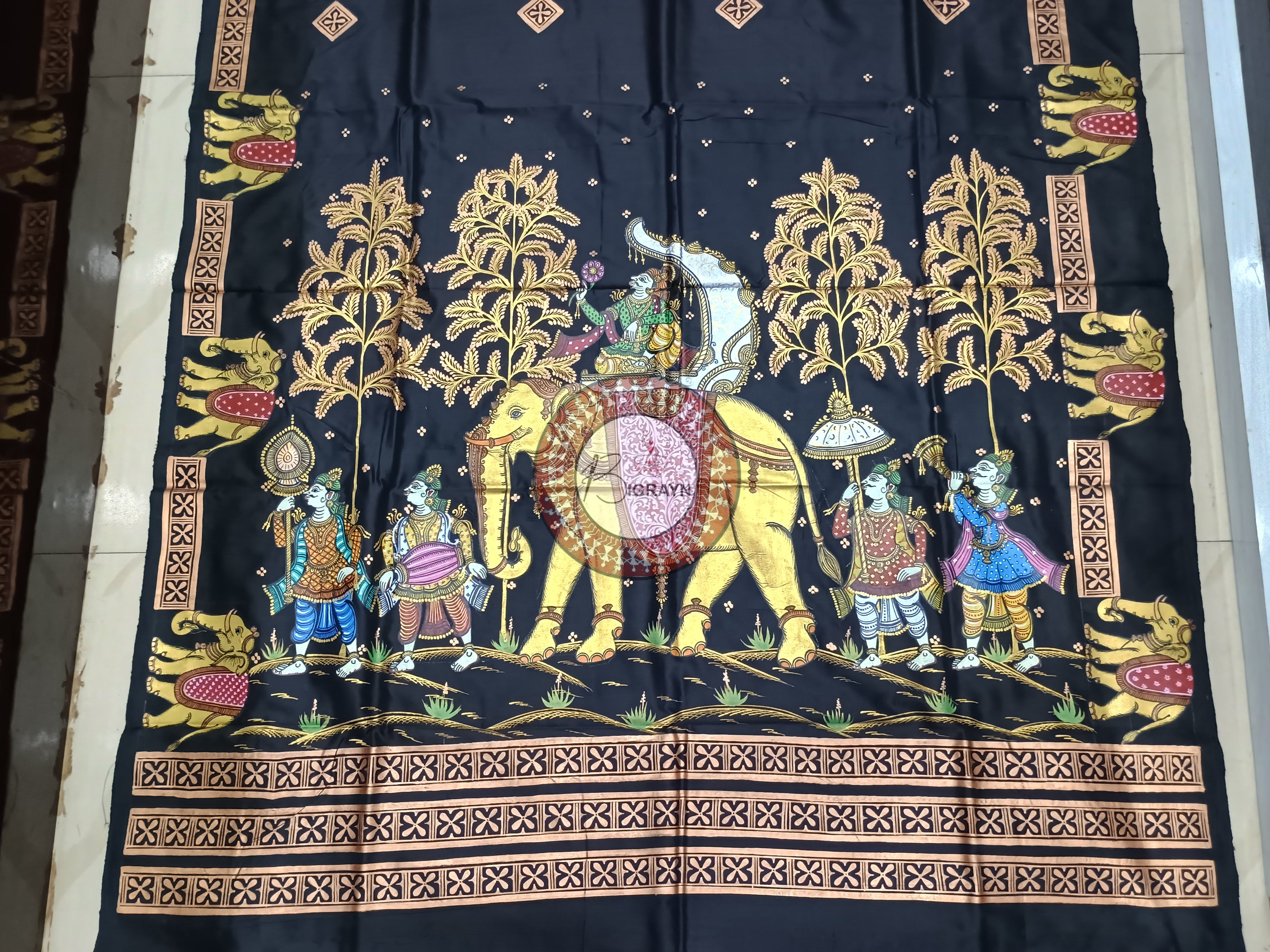 Black Ashoka Theme Pattachitra Sambalpuri Silk Saree