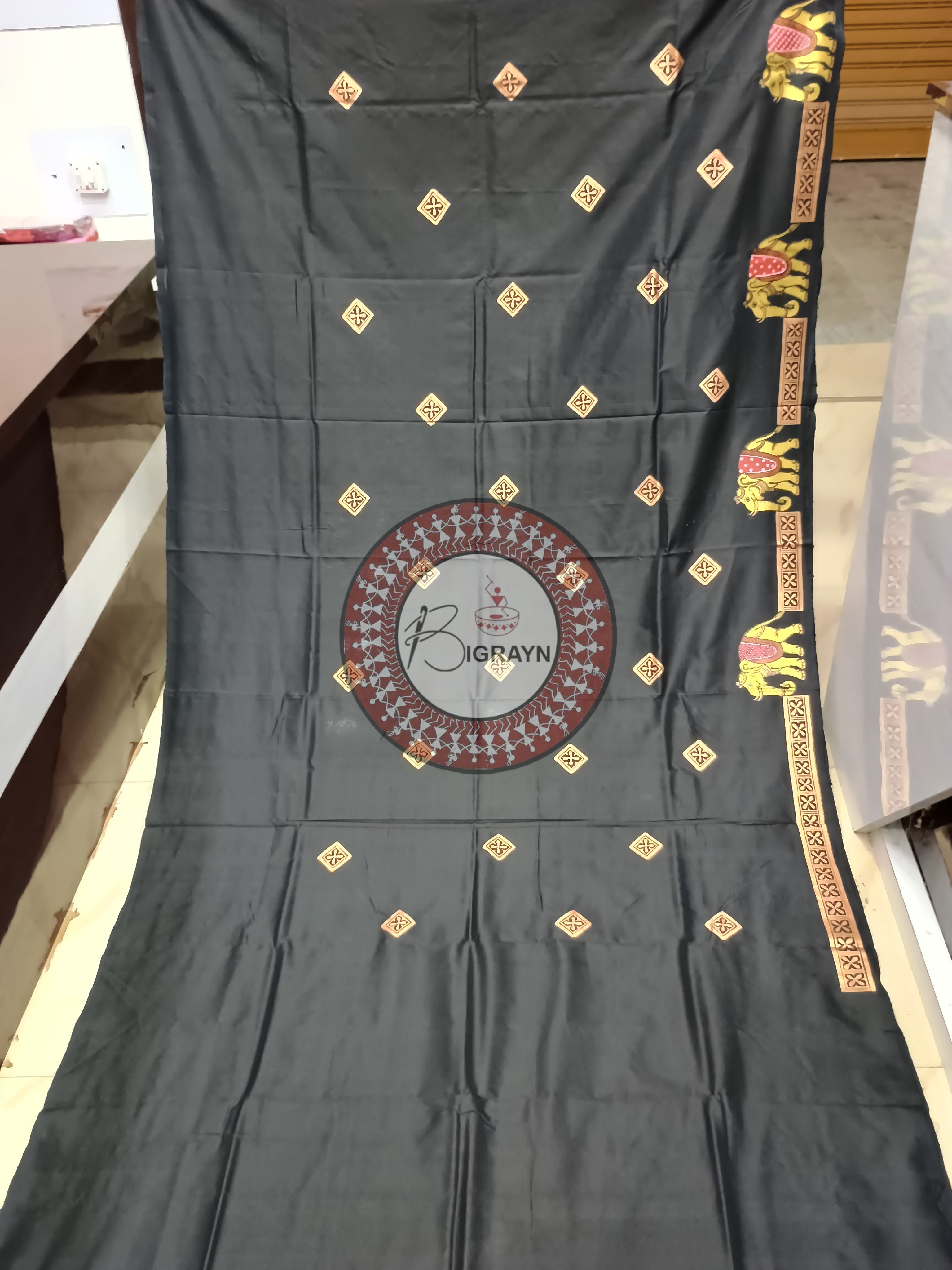Black Ashoka Theme Pattachitra Sambalpuri Silk Saree