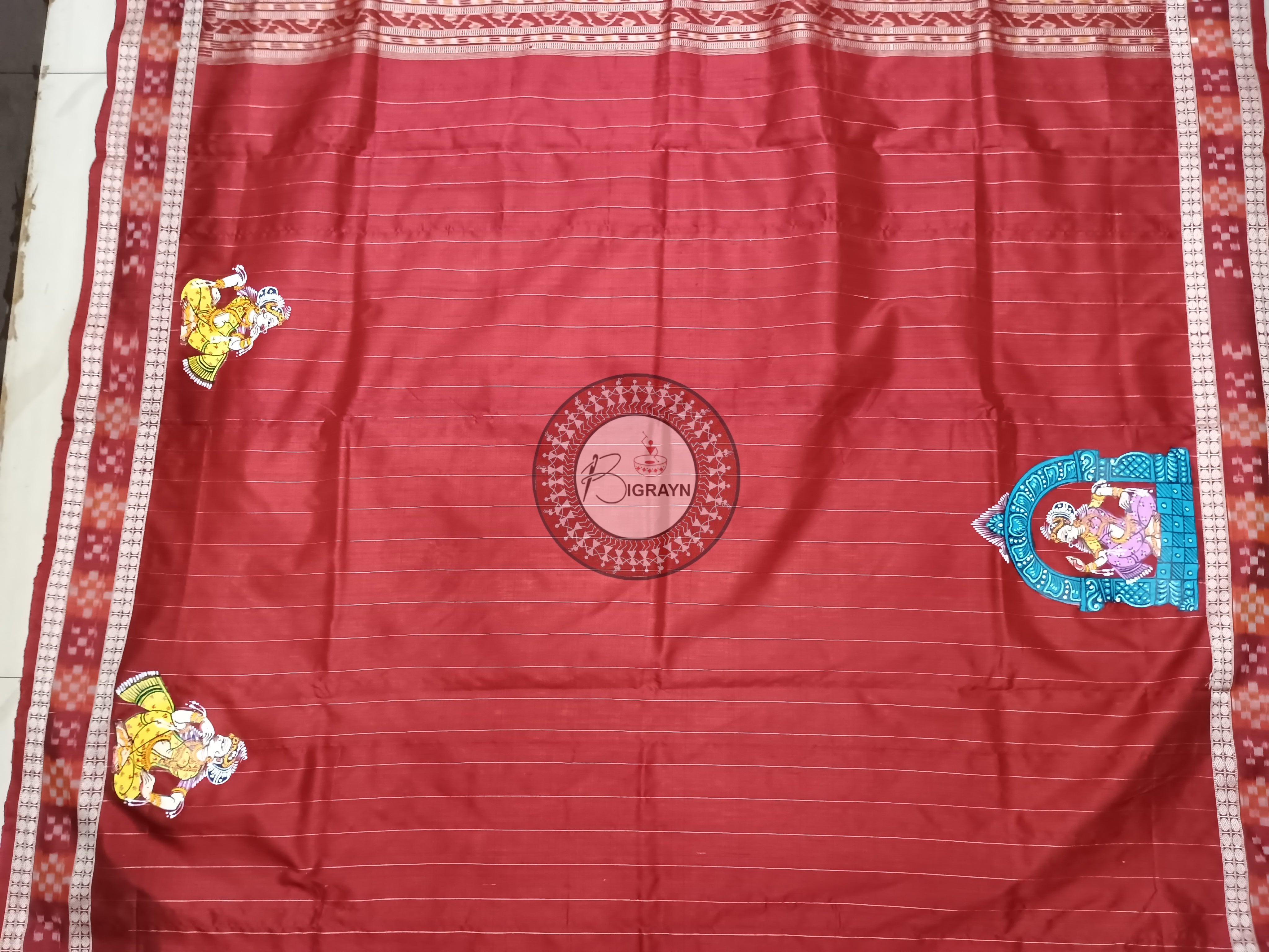 Yellow Maroon Sakta Dolabedi Pattachitra Sambalpuri Silk Saree